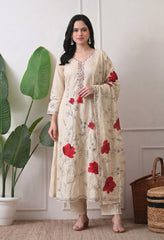 Premium Organic Beige Maroon Embroidered A-Line Kurta Set- Set of 3