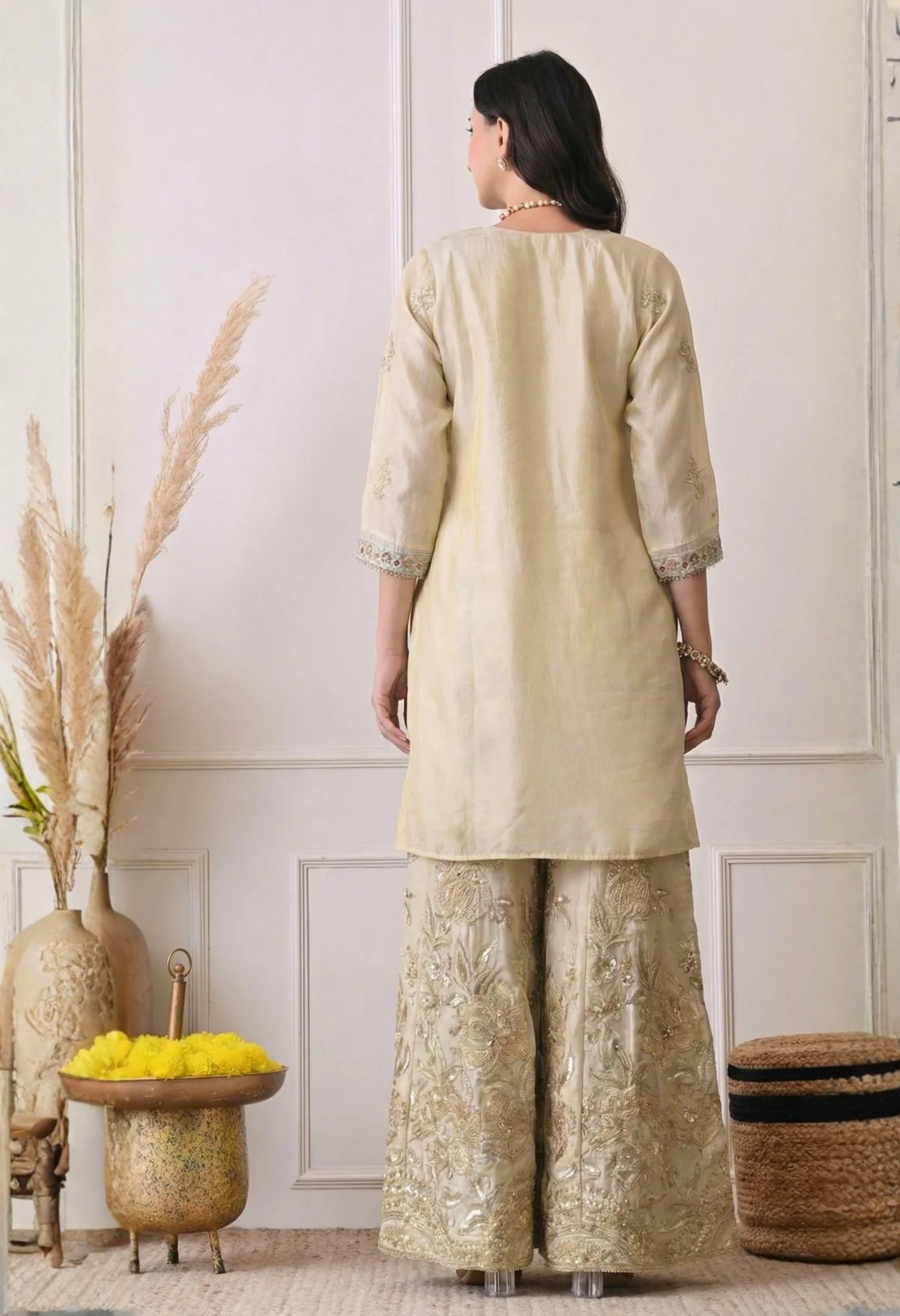 Beige Premium Silk Embroidered Sharara Suit- Set of 3