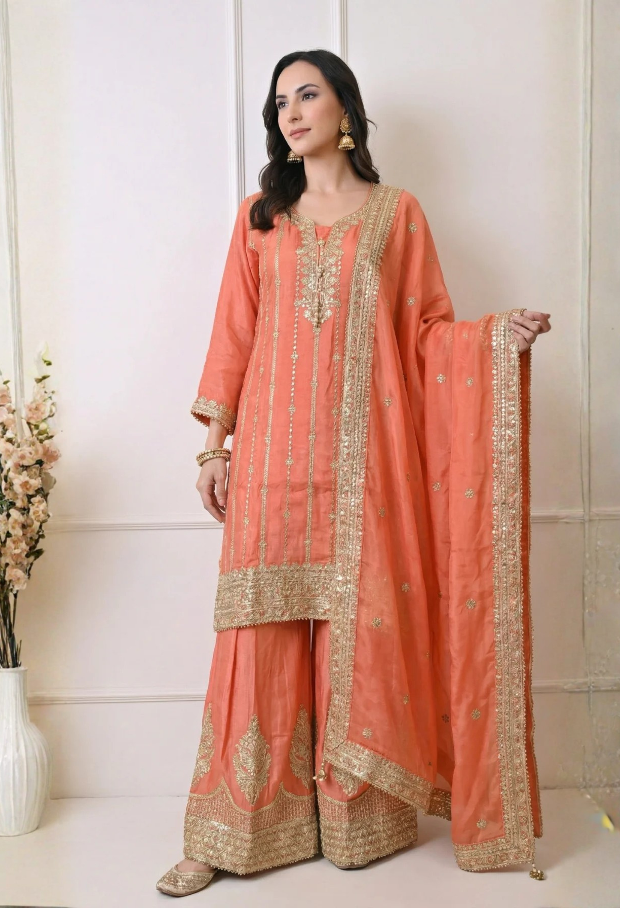 Peach Orange Premium Silk Zari Embroidered Sharara Suit- Set of 3