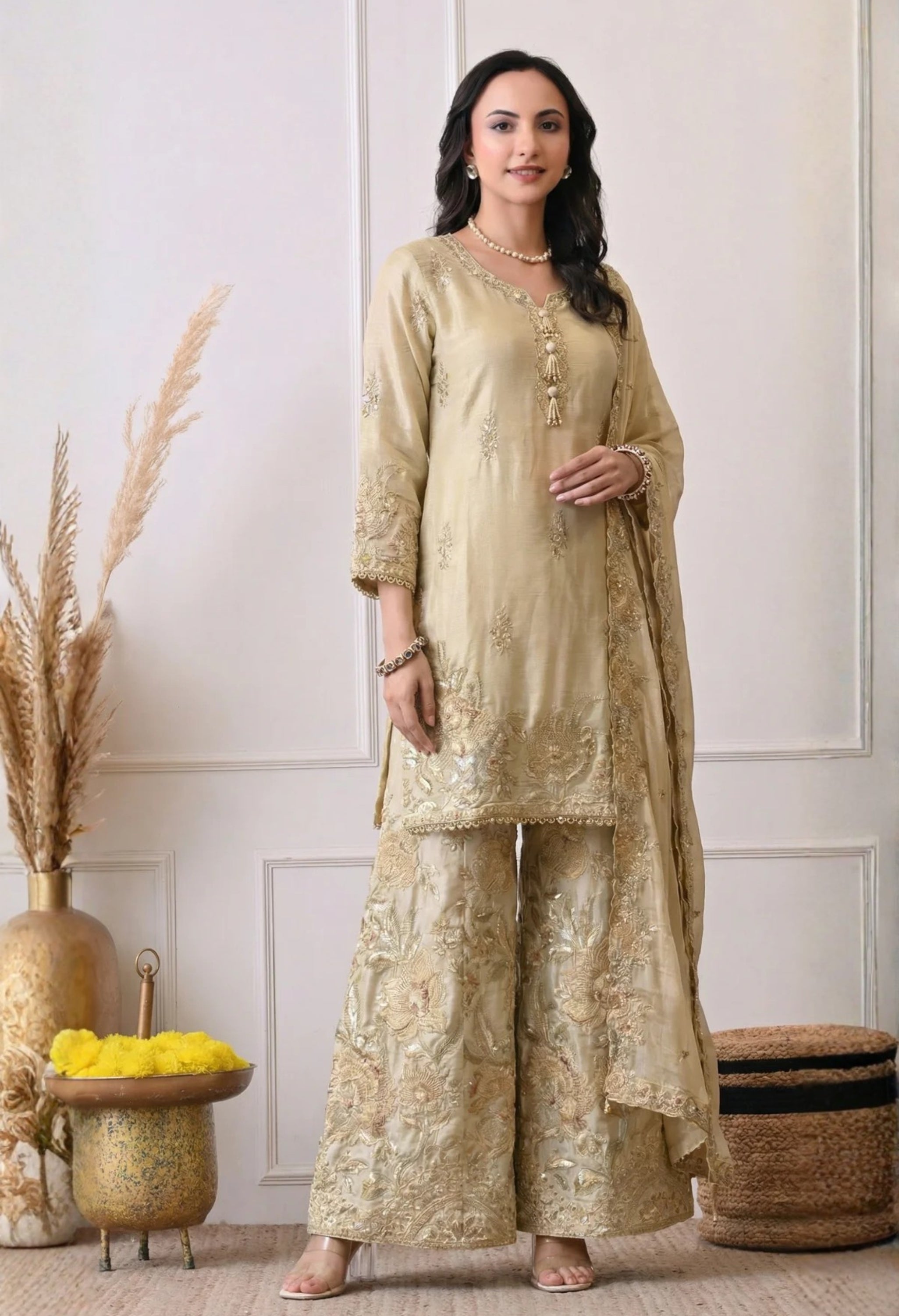 Beige Premium Silk Embroidered Sharara Suit- Set of 3