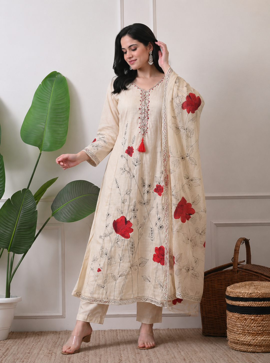 Premium Organic Beige Maroon Embroidered A-Line Kurta Set- Set of 3