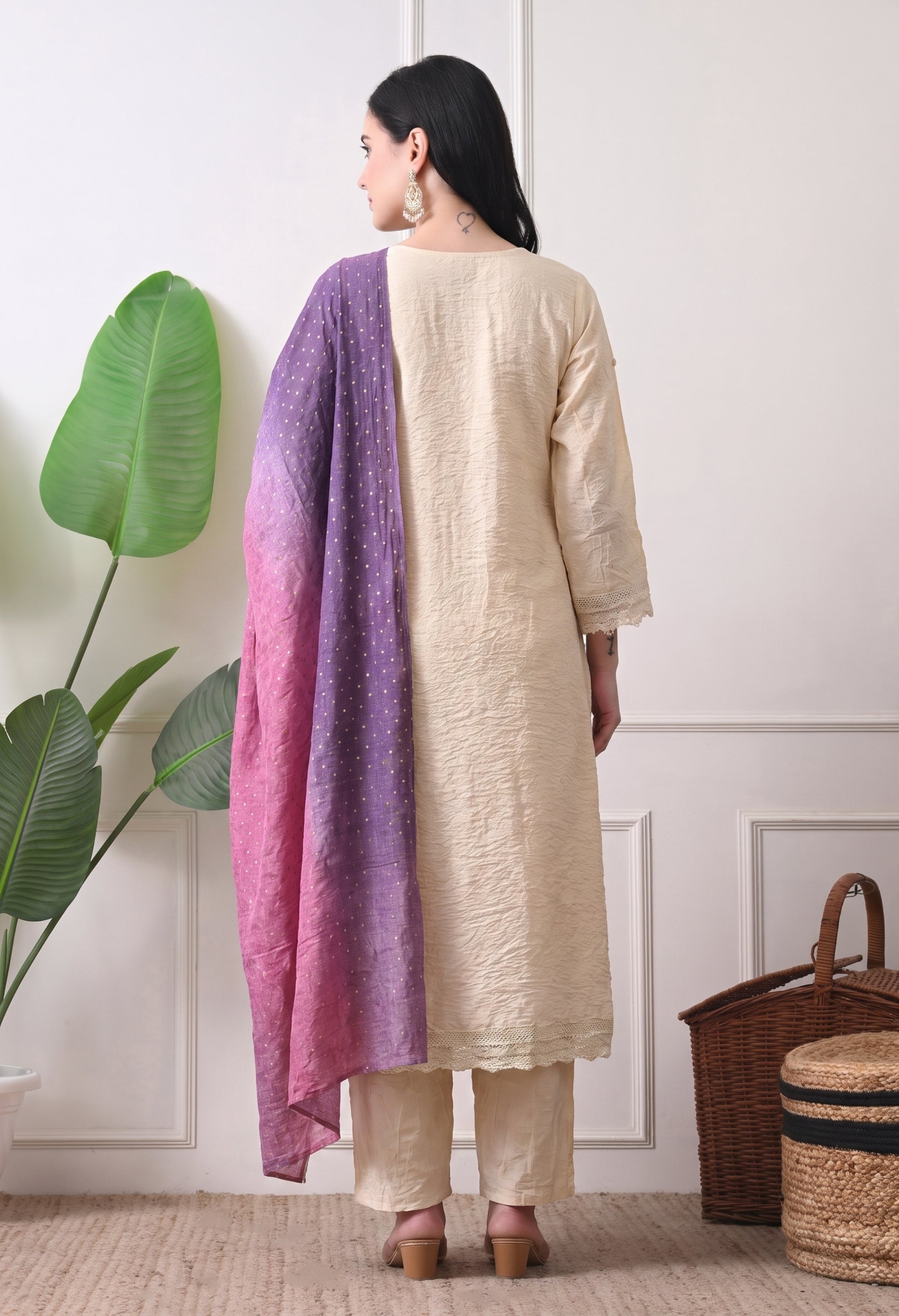 Premium Cotton Beige Hand Painted Embroidered A-Line Kurta Set- Set of 3