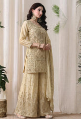 Beige Premium Silk Pearl, Bead, and Sequin Embroidered Sharara Suit- Set of 3