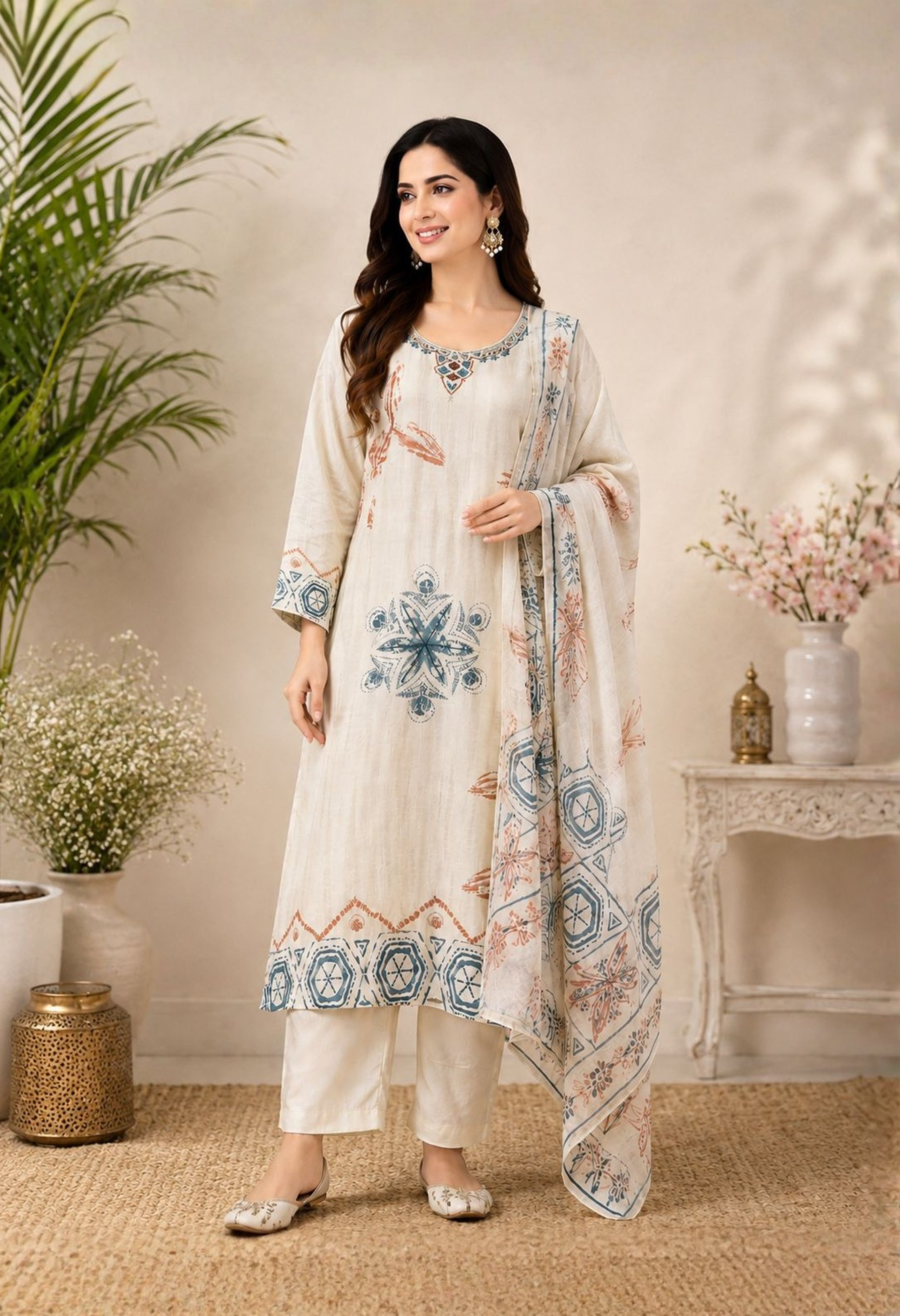 Ivory Cotton Linen Handwork Abstract A-Line Kurta Set- Set of 3