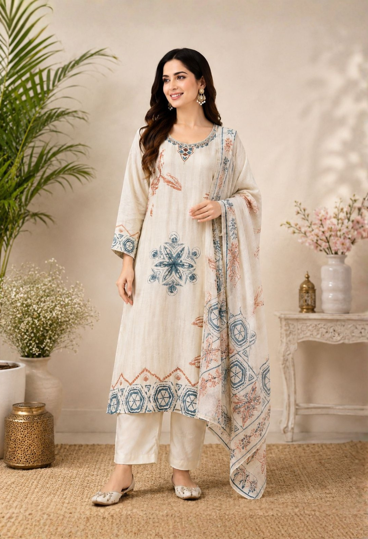 Ivory Cotton Linen Handwork Abstract A-Line Kurta Set- Set of 3