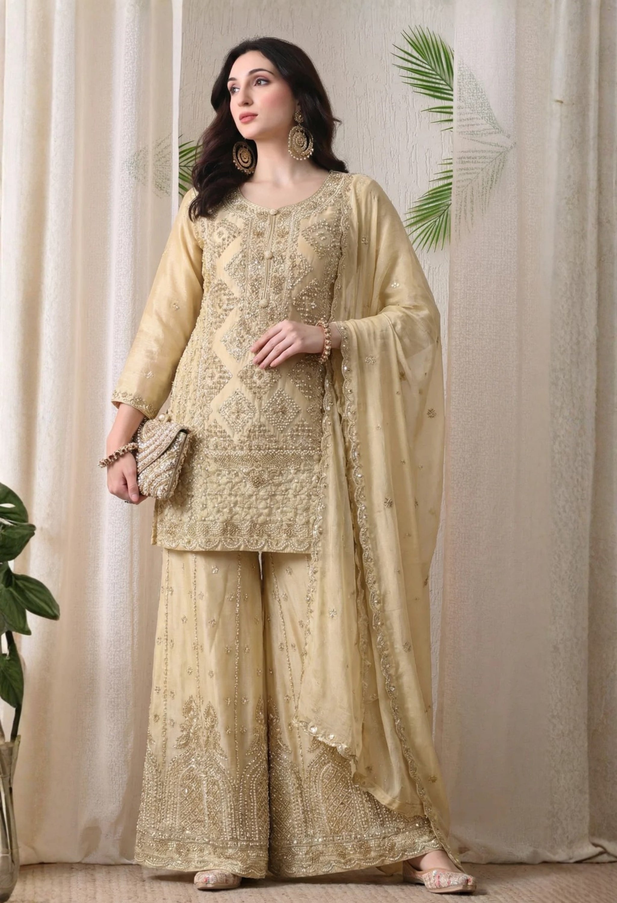 Beige Premium Silk Pearl, Bead, and Sequin Embroidered Sharara Suit- Set of 3