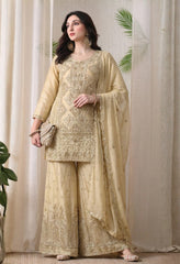 Beige Premium Silk Pearl, Bead, and Sequin Embroidered Sharara Suit- Set of 3