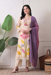 Premium Cotton Beige Hand Painted Embroidered A-Line Kurta Set- Set of 3