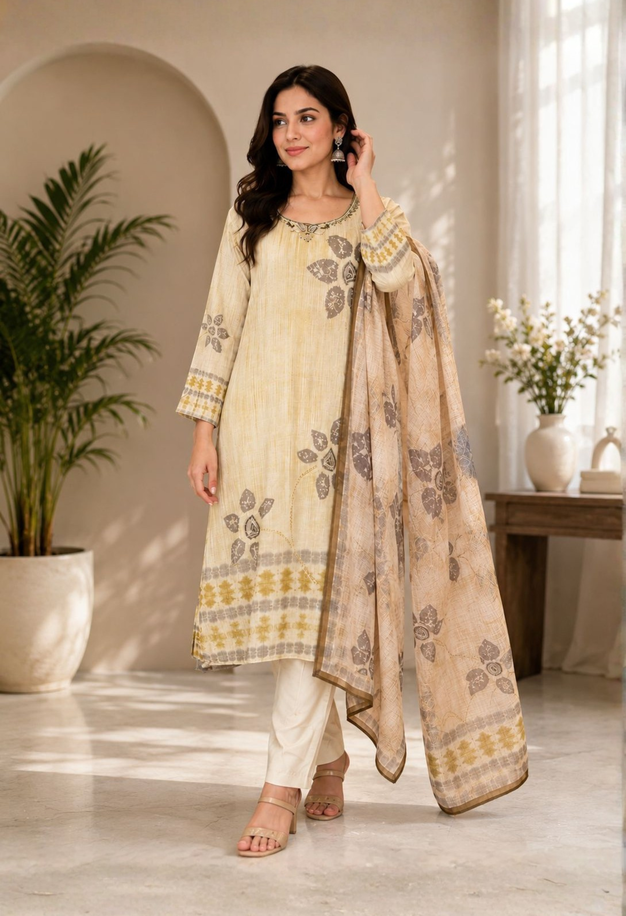 Cream Cotton Linen Handwork Abstract A-Line Kurta Set- Set of 3