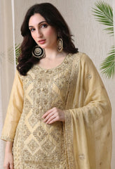 Beige Premium Silk Pearl, Bead, and Sequin Embroidered Sharara Suit- Set of 3