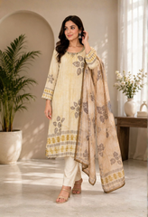 Cream Cotton Linen Handwork Abstract A-Line Kurta Set- Set of 3