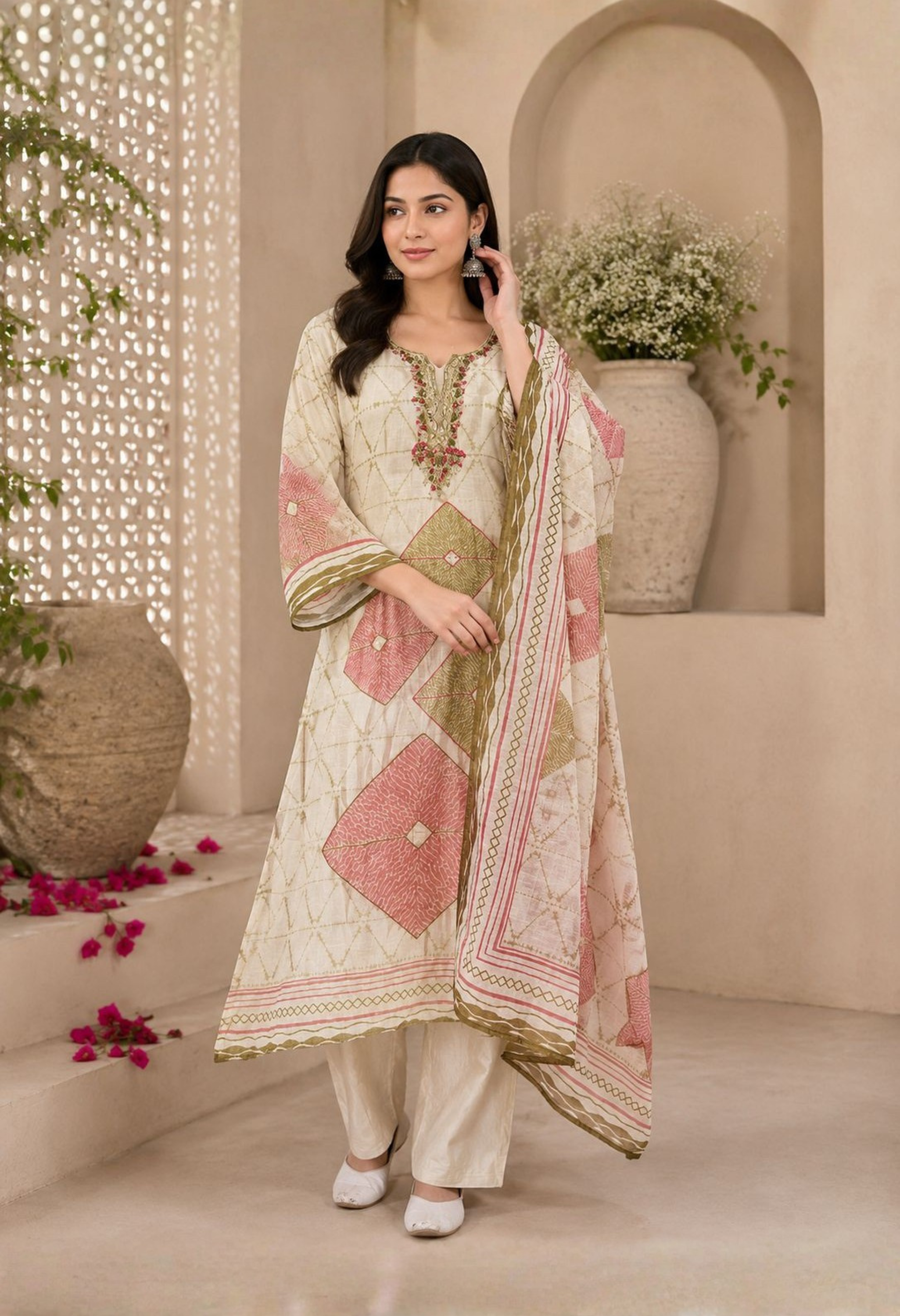 Beige Cotton Linen Handwork Abstract A-Line Kurta Set- Set of 3