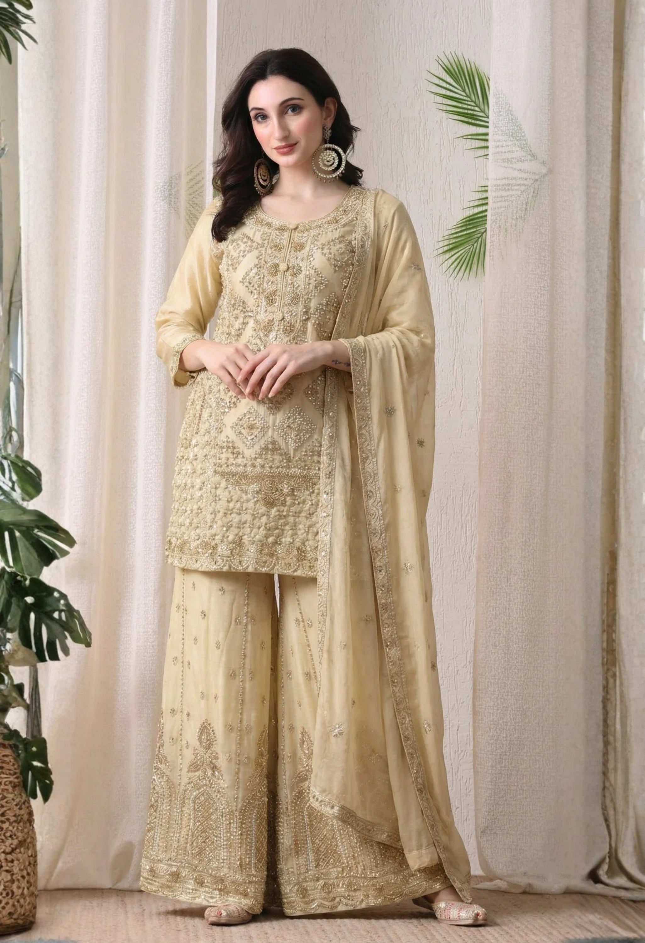 Beige Premium Silk Pearl, Bead, and Sequin Embroidered Sharara Suit- Set of 3