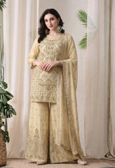 Beige Premium Silk Pearl, Bead, and Sequin Embroidered Sharara Suit- Set of 3
