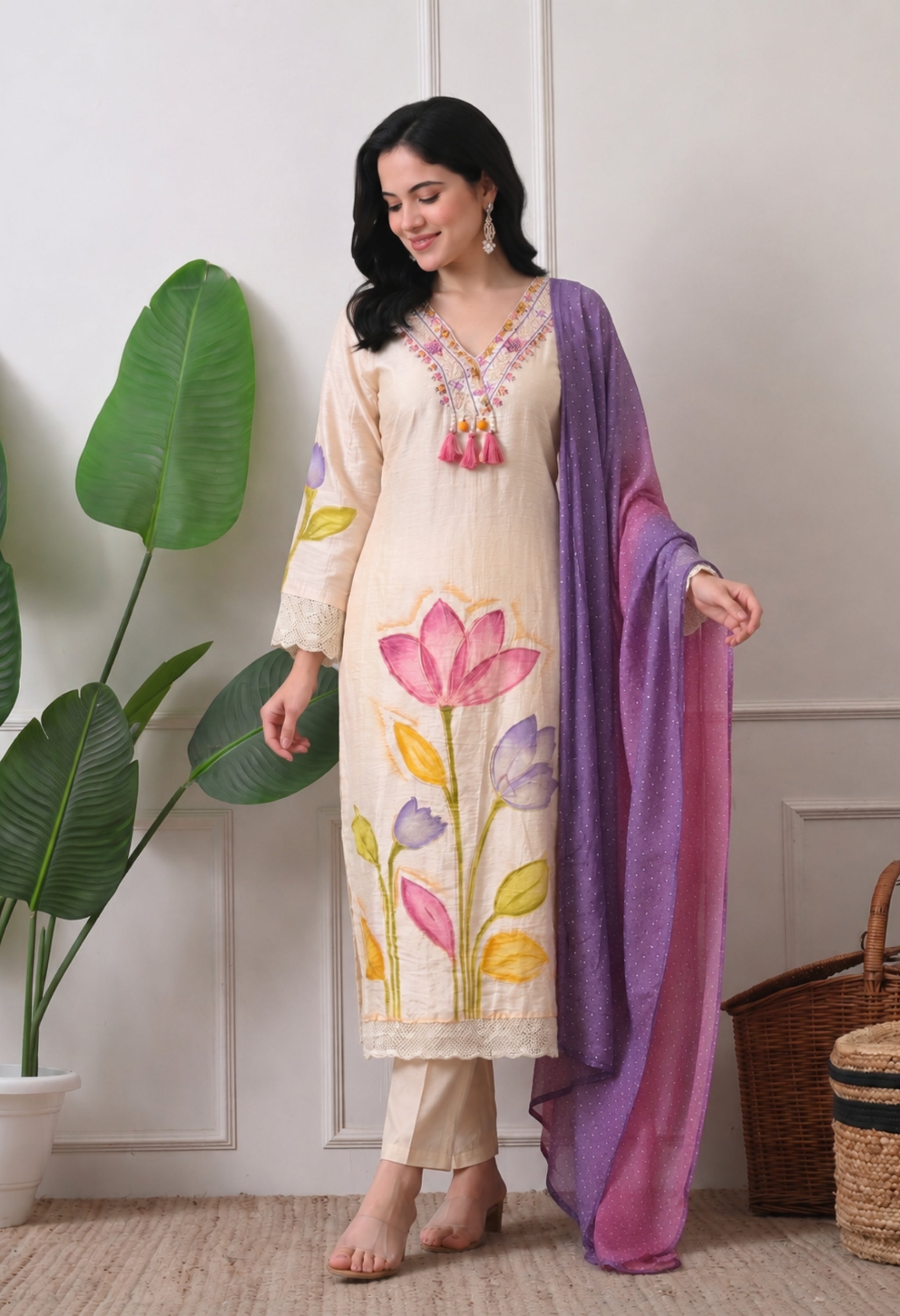 Premium Cotton Beige Hand Painted Embroidered A-Line Kurta Set- Set of 3