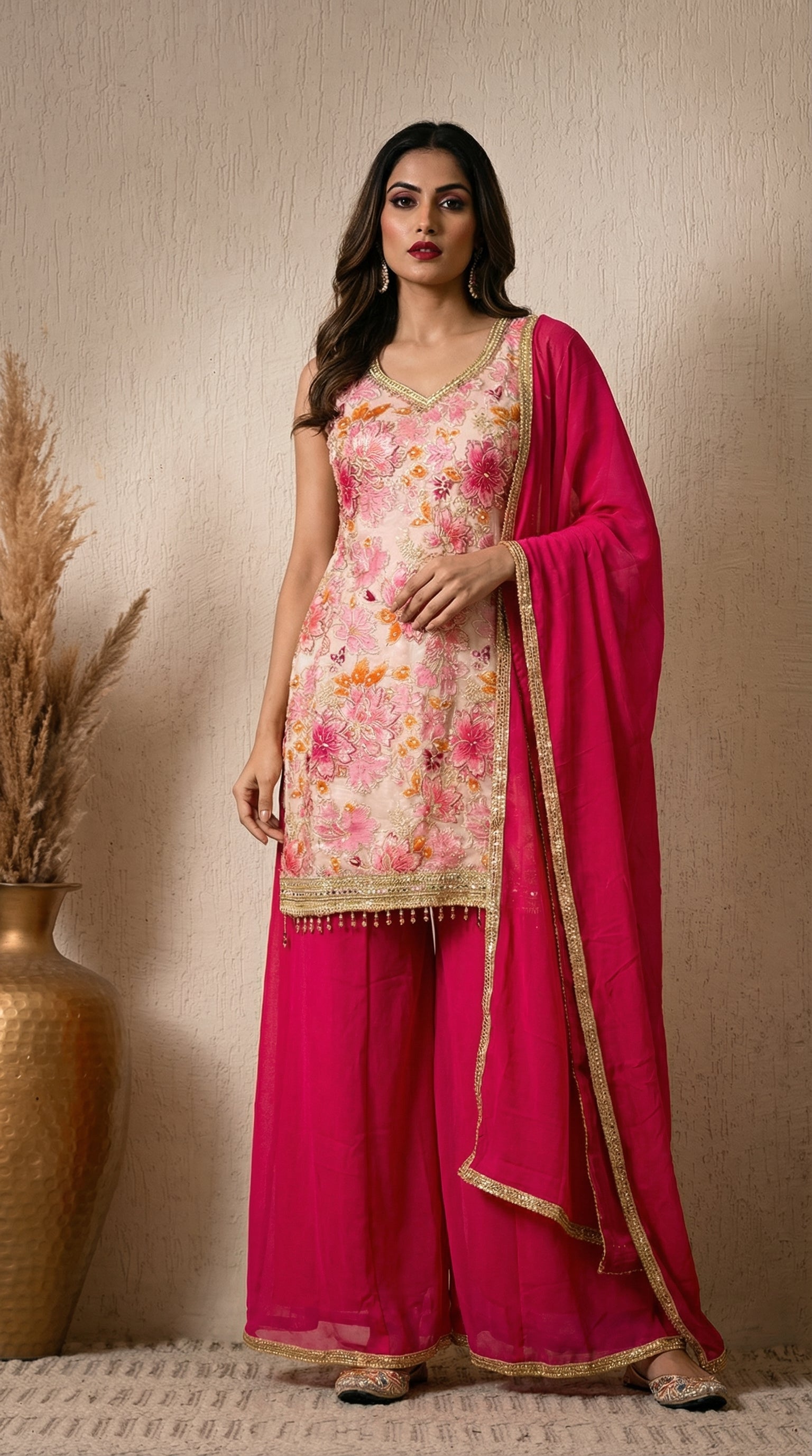 Cream And Pink Position Print Embroidered Sharara Suit- Set of 3 (Sleeves Fabric Included)