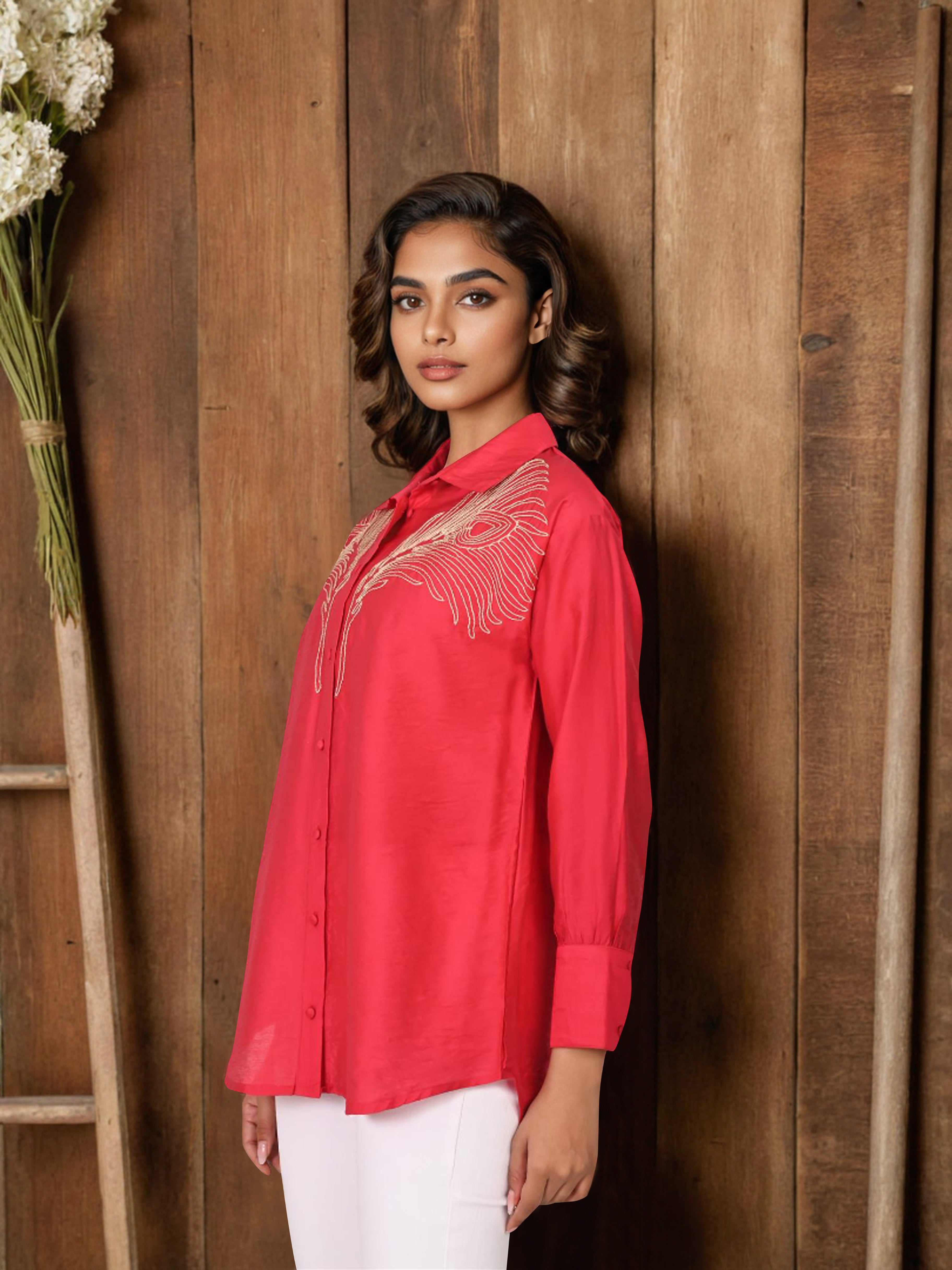 Red Silk Zari Embroidered shirt