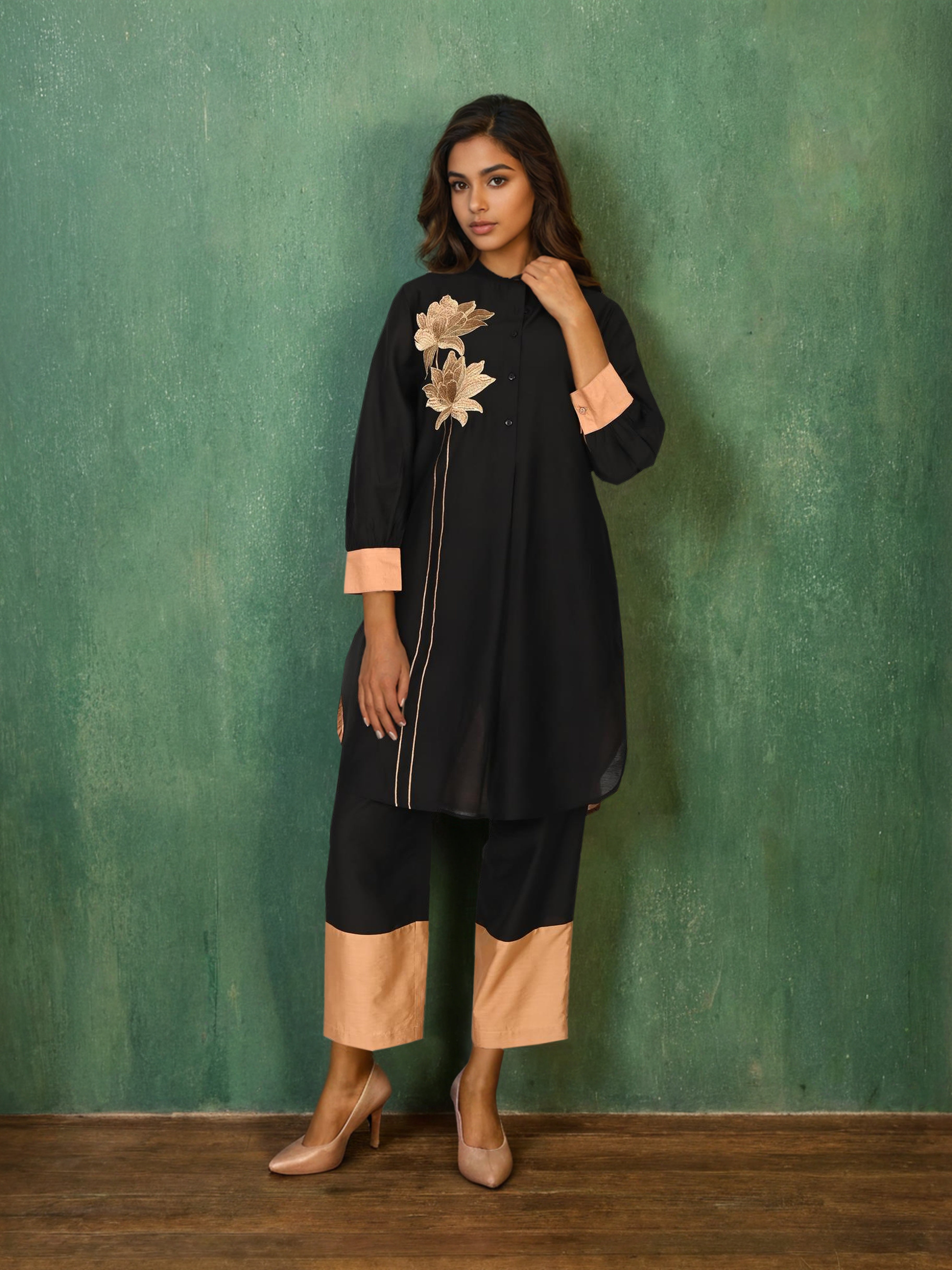 Black Pure Chanderi Cotton Zari Embroidered Indo-Western Set- Set of 2