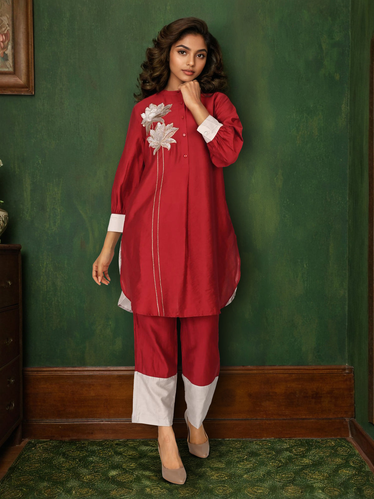 Maroon Pure Chanderi Cotton Zari Embroidered Indo-Western Set- Set of 2