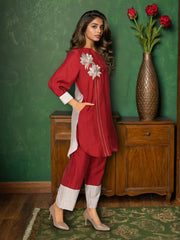 Maroon Pure Chanderi Cotton Zari Embroidered Indo-Western Set- Set of 2