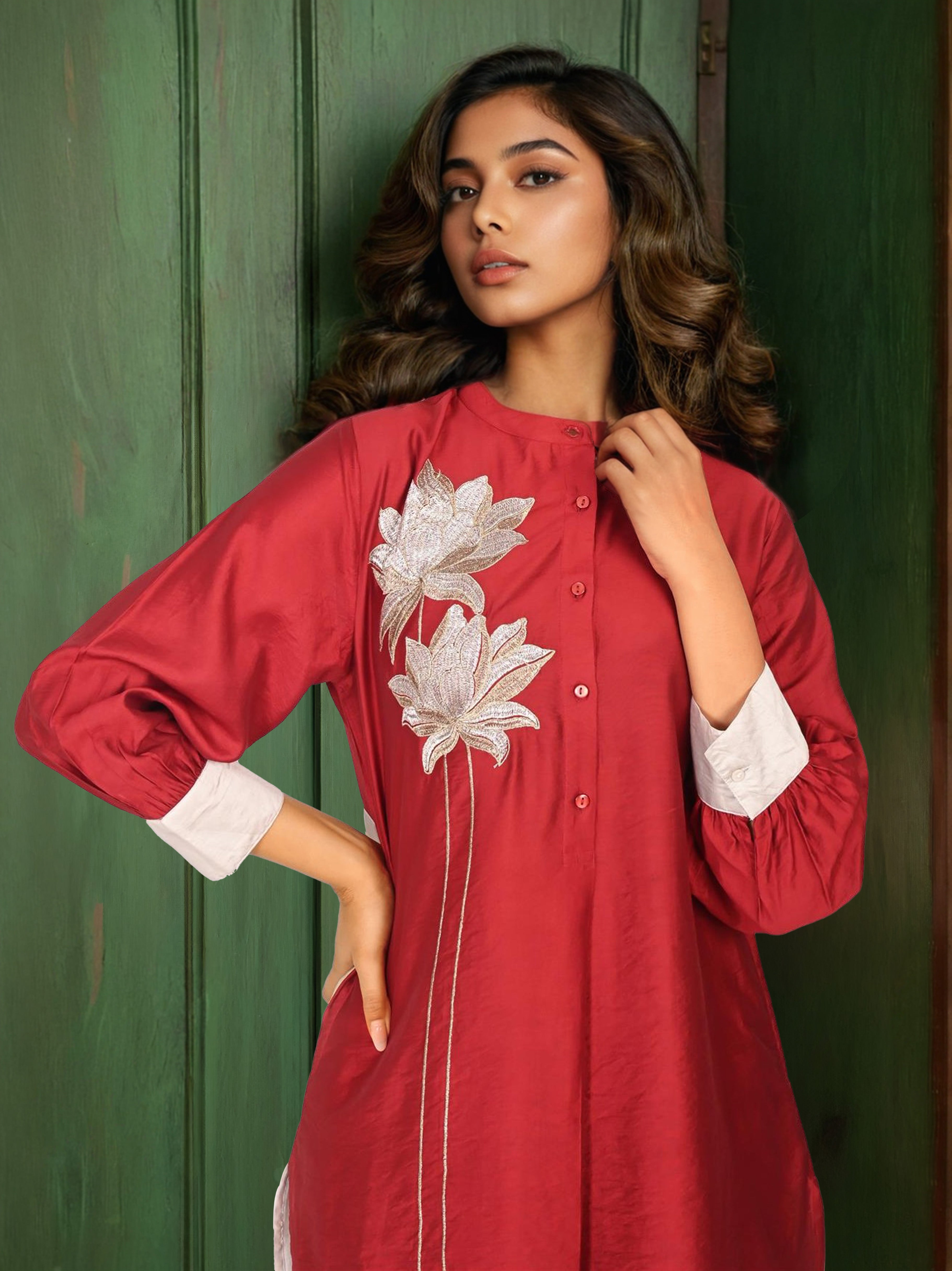 Maroon Pure Chanderi Cotton Zari Embroidered Indo-Western Set- Set of 2