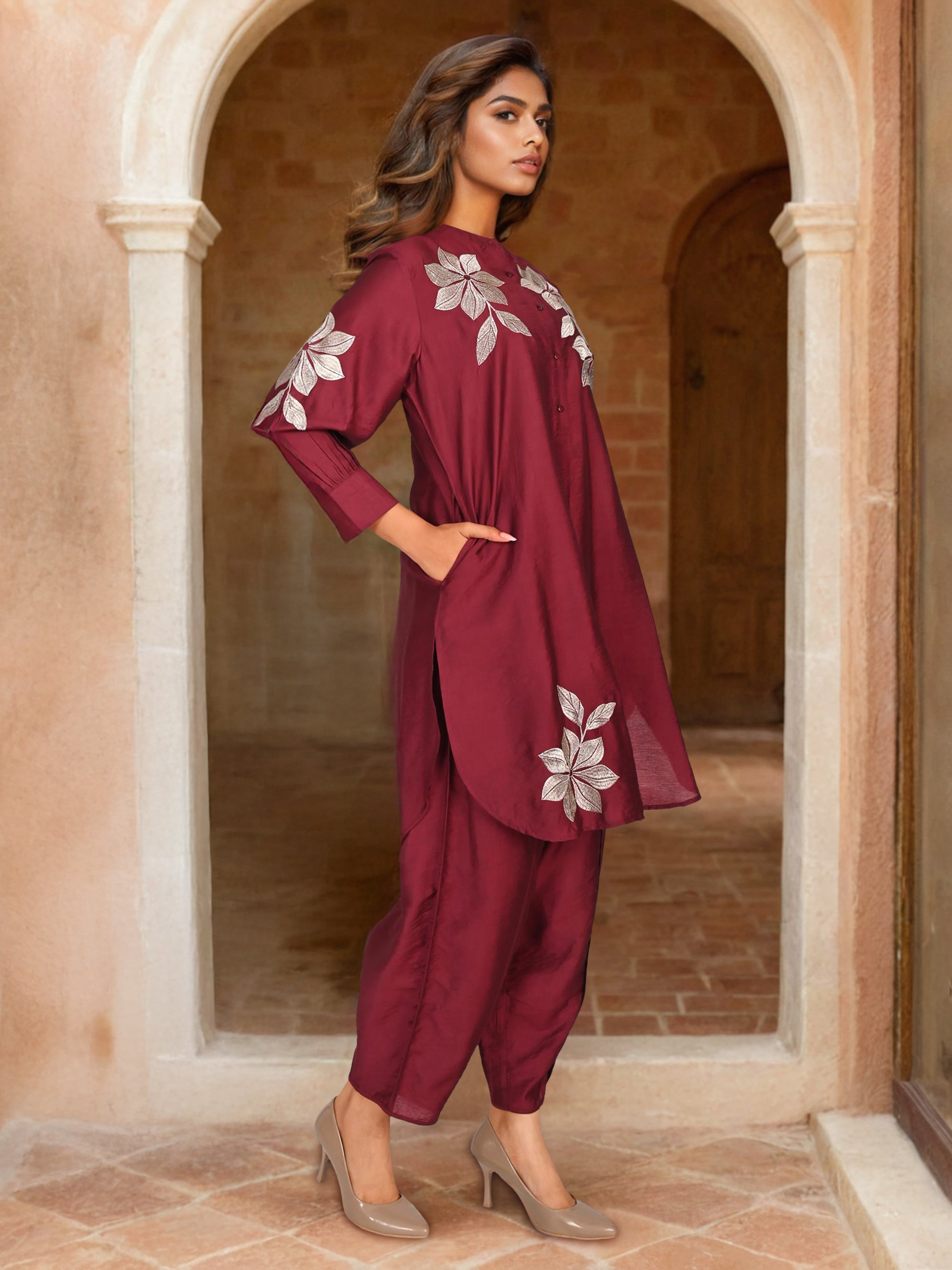 Maroon Cotton Silk Zari Embroidered Indo-Western Set- Set of 2