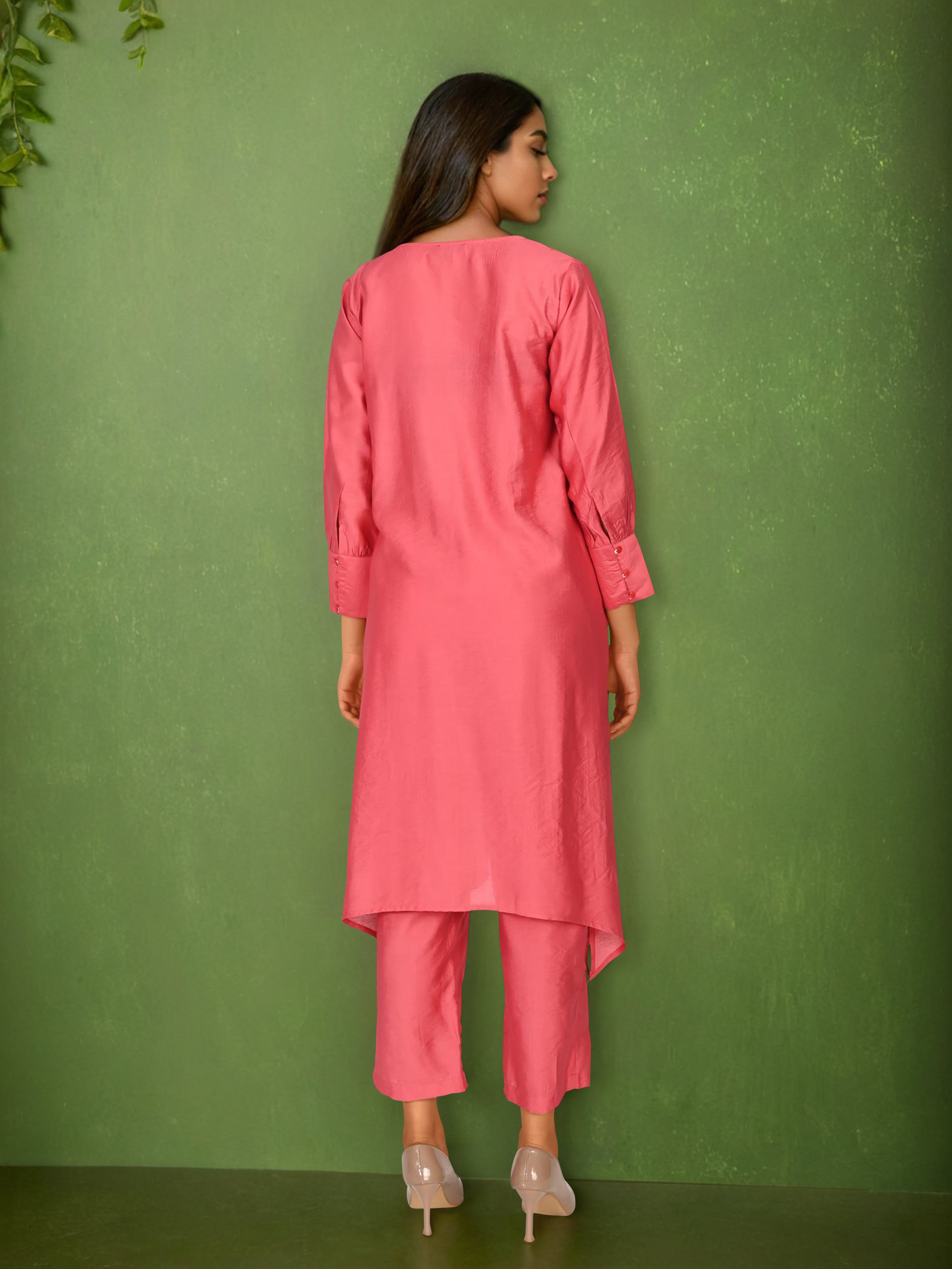 Pink Cotton silk Zari & Sequin Embroidered Indo-Western Set- Set of 2