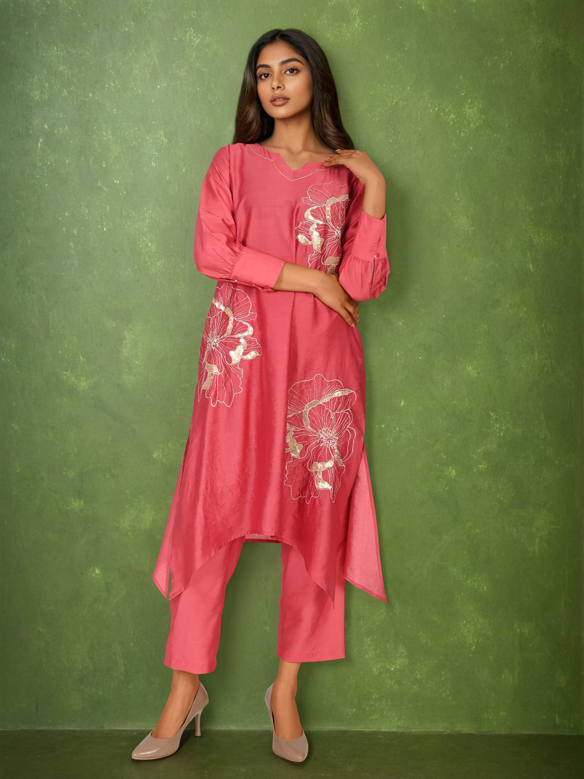 Pink Cotton silk Zari & Sequin Embroidered Indo-Western Set- Set of 2