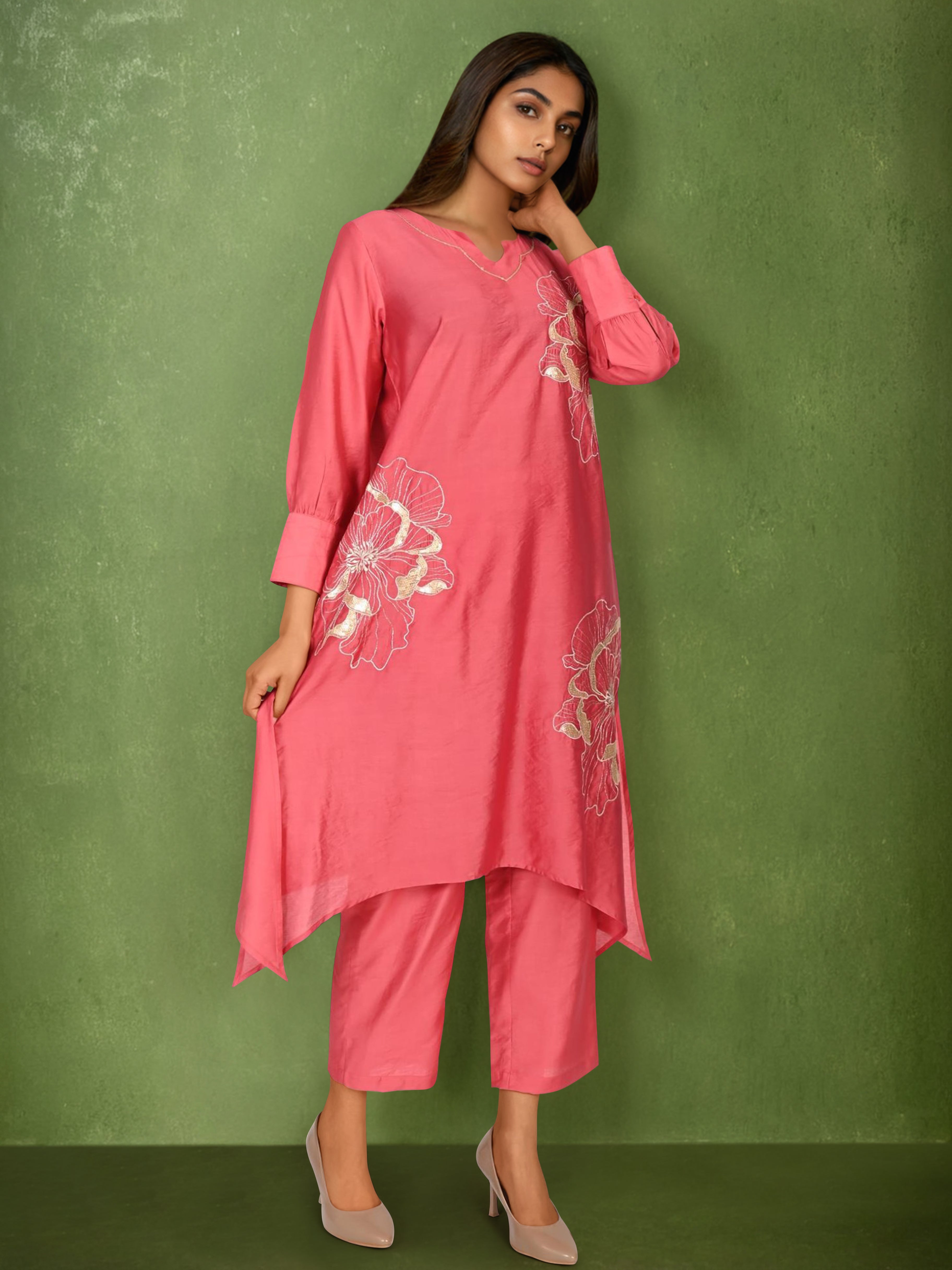 Pink Cotton silk Zari & Sequin Embroidered Indo-Western Set- Set of 2