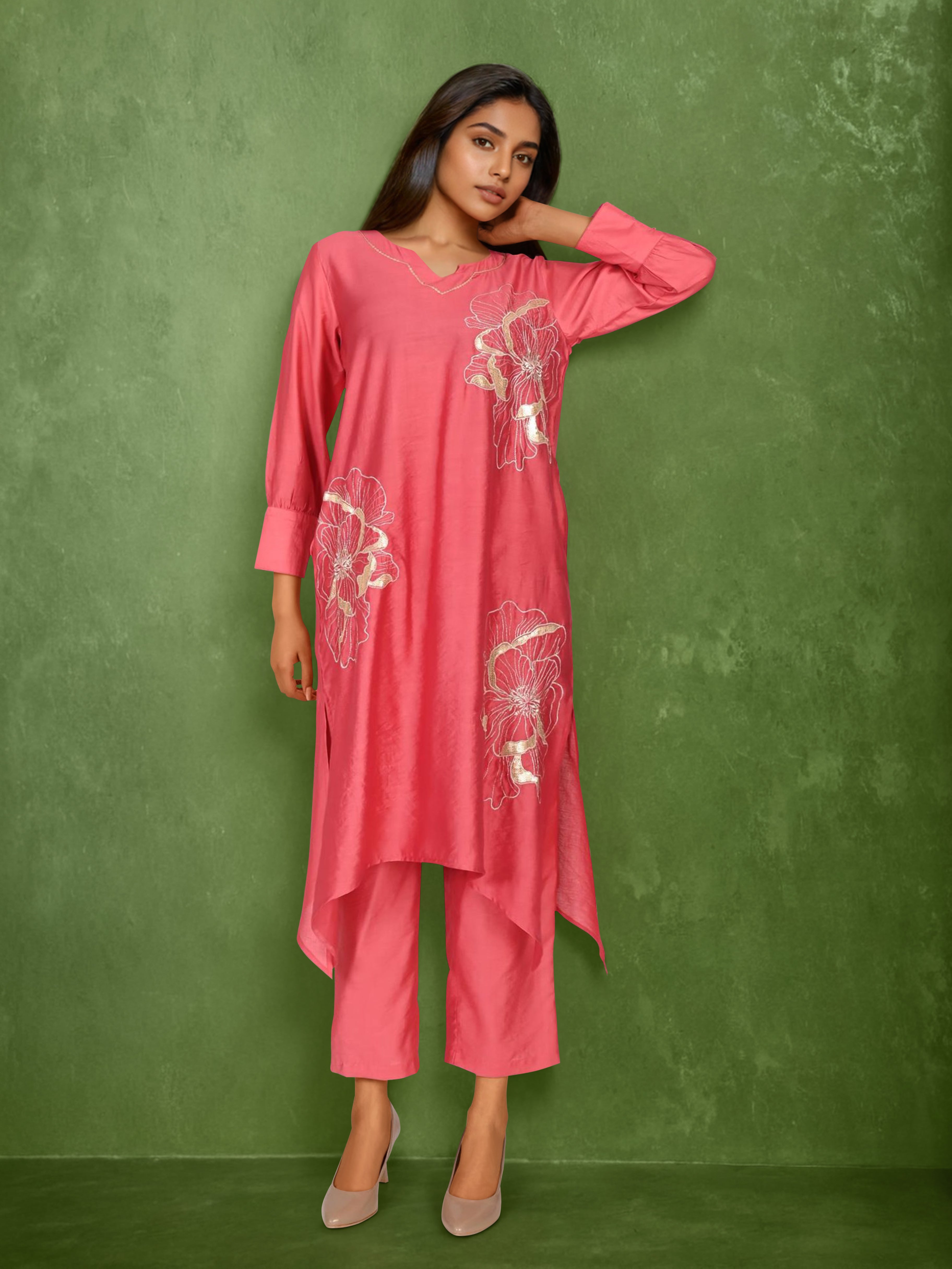 Pink Cotton silk Zari & Sequin Embroidered Indo-Western Set- Set of 2