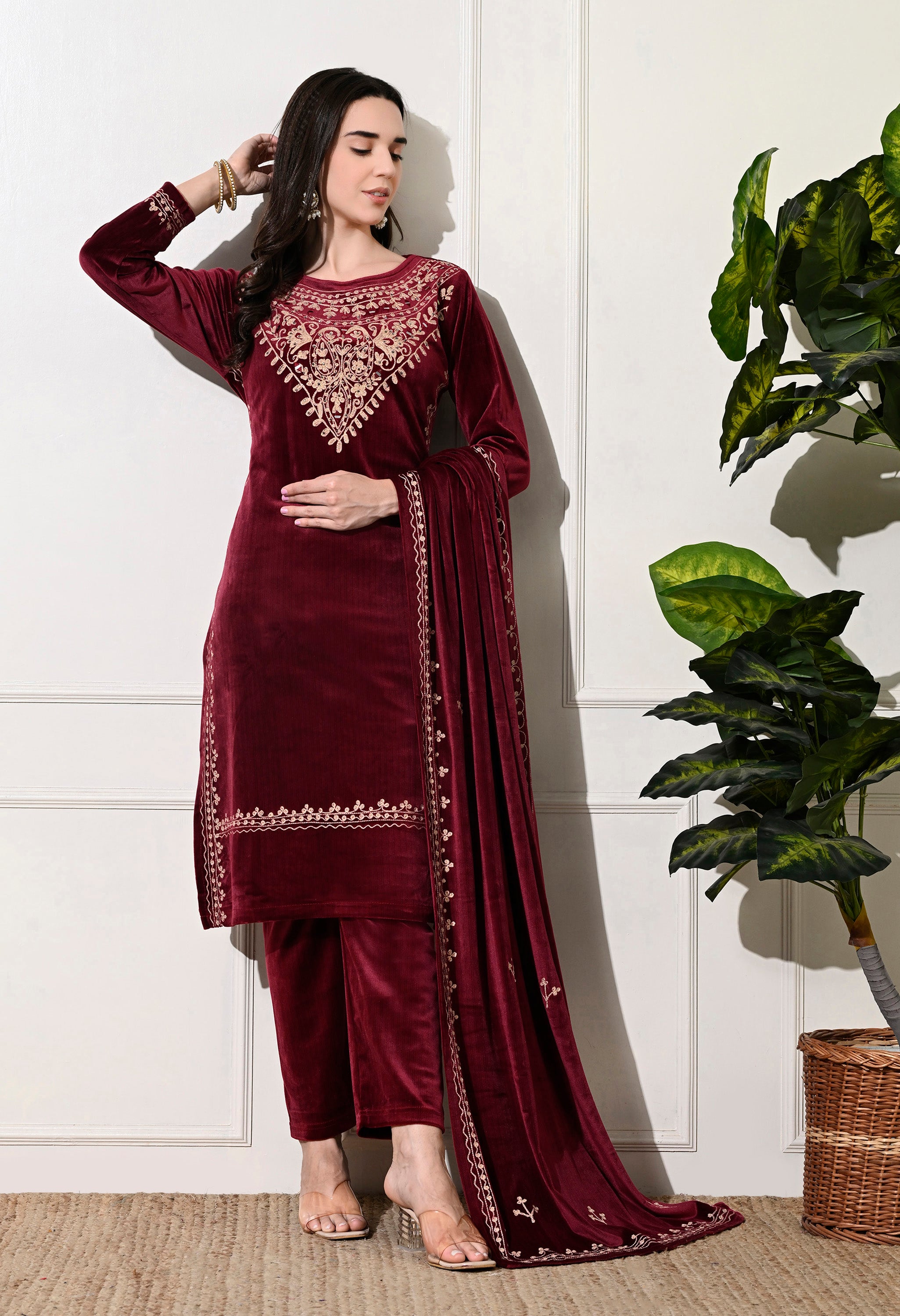 Maroon Velvet Suit with Embroidered Neck and Shawl - Set of 3