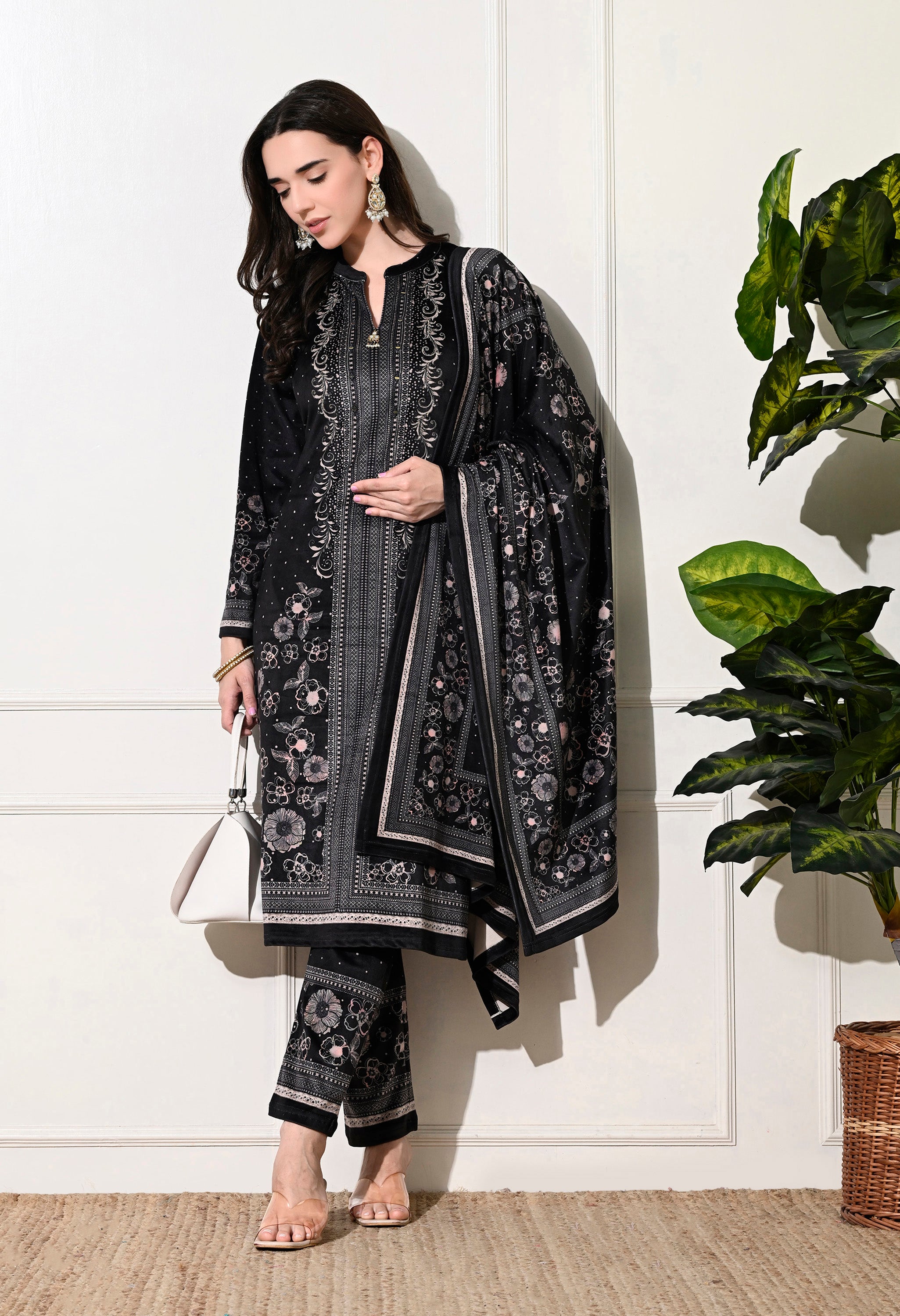 Black Digital Print Velvet Suit With Shawl - Set of 3