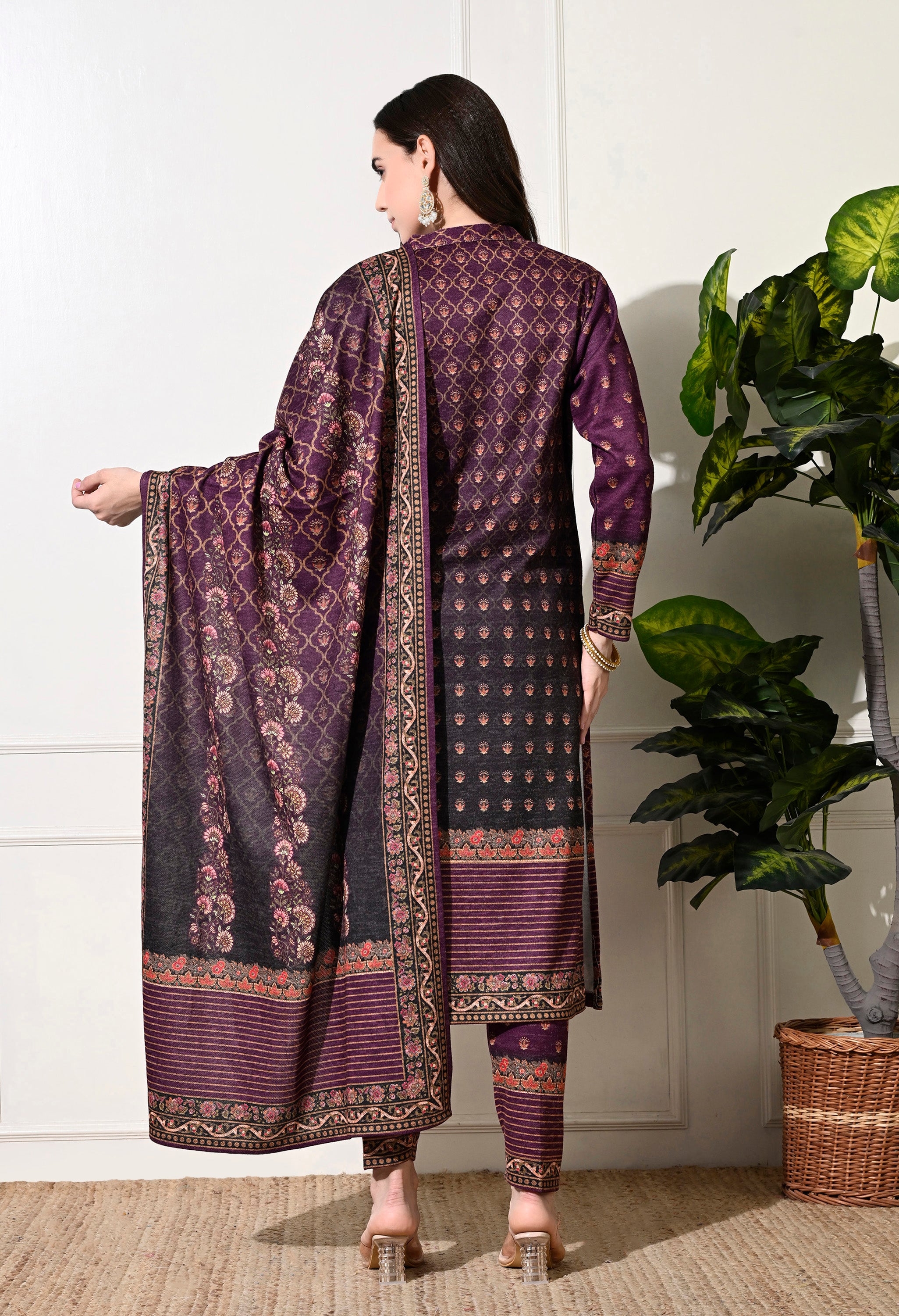 Mauve Digital Print Woolen Suit with Zari Work Detailing - Set of 3