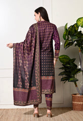 Mauve Digital Print Woolen Suit with Zari Work Detailing - Set of 3