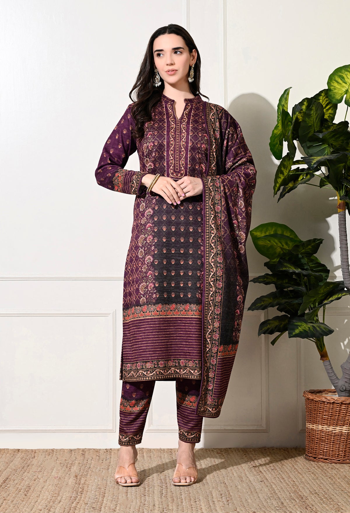 Mauve Digital Print Woolen Suit with Zari Work Detailing - Set of 3