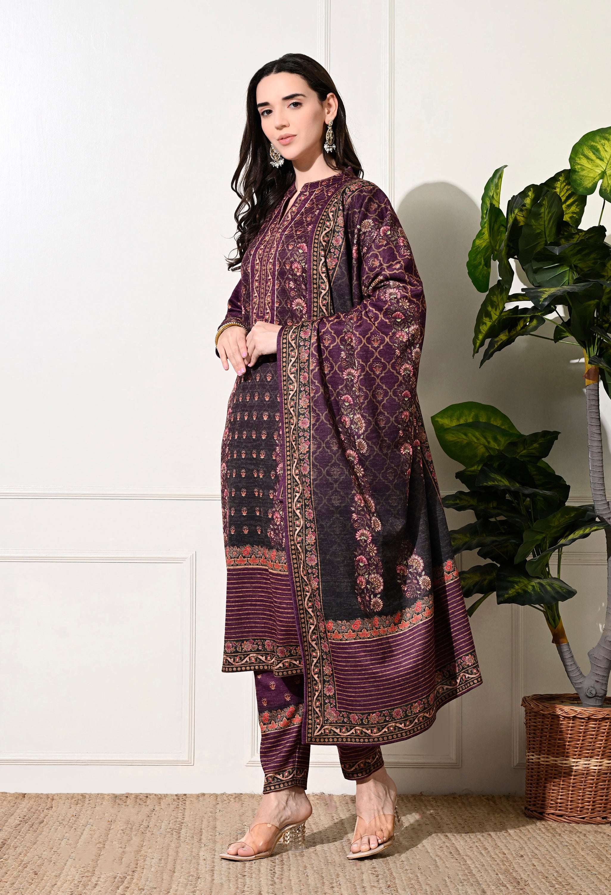 Mauve Digital Print Woolen Suit with Zari Work Detailing - Set of 3