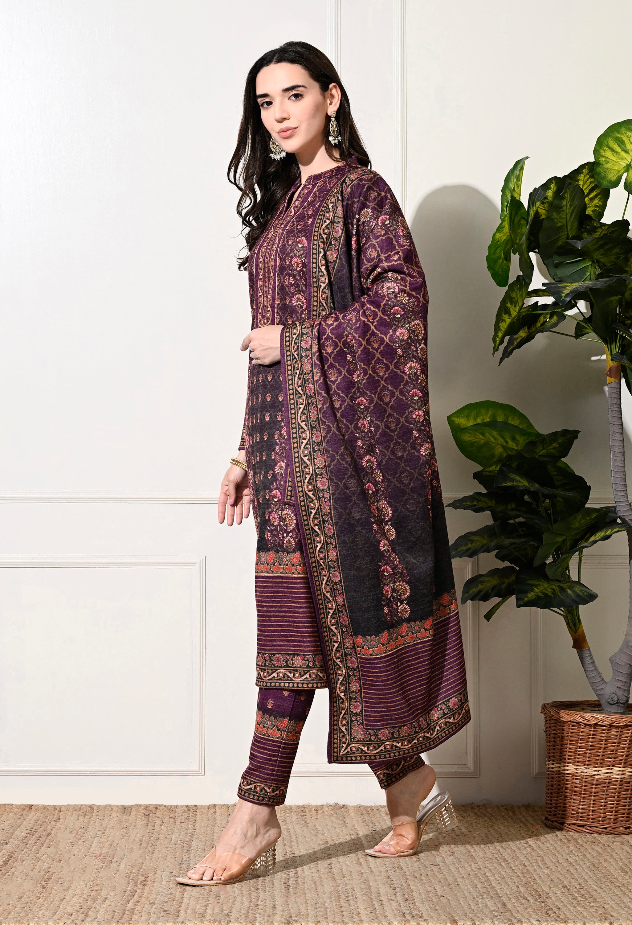 Mauve Digital Print Woolen Suit with Zari Work Detailing - Set of 3