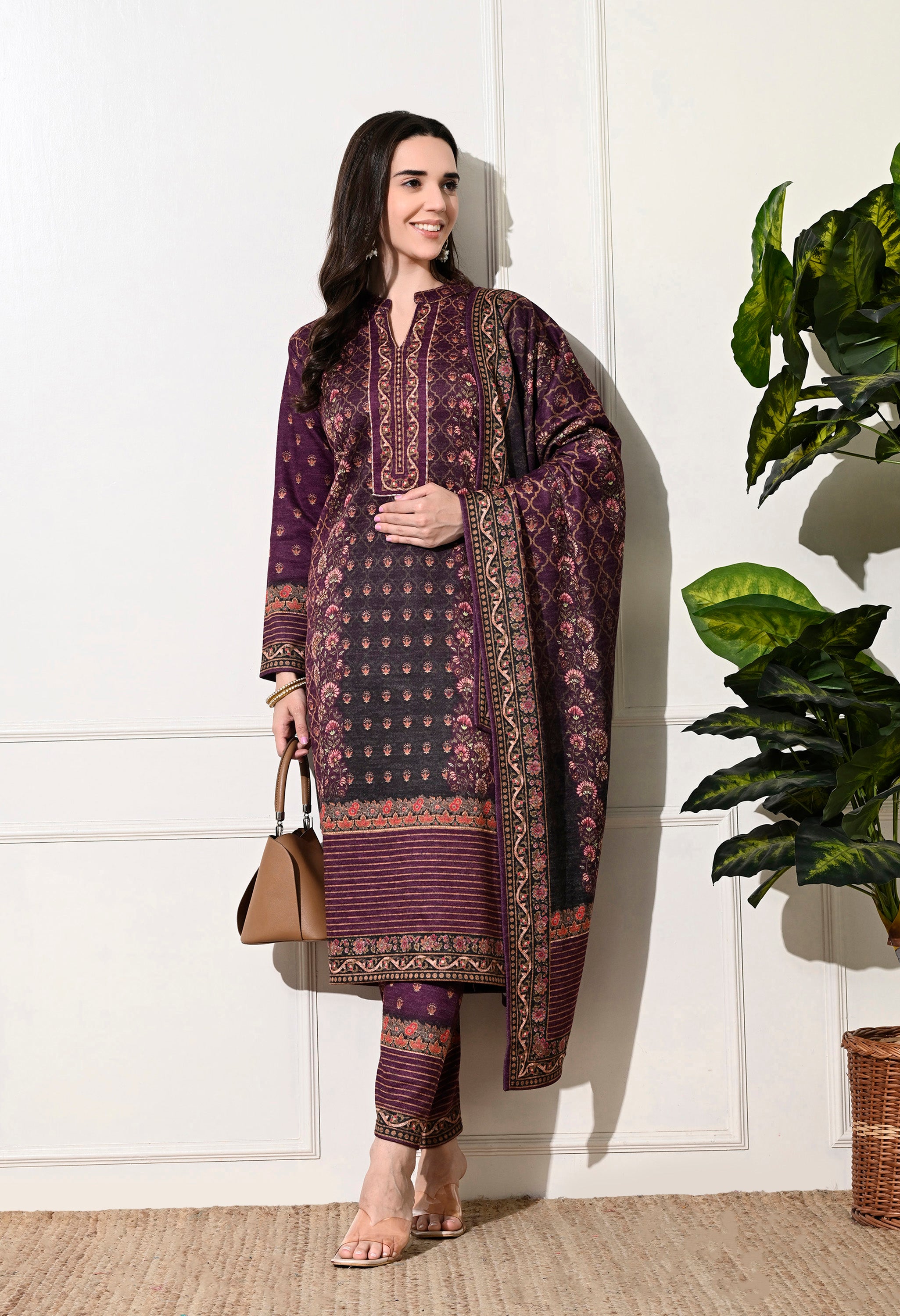 Mauve Digital Print Woolen Suit with Zari Work Detailing - Set of 3