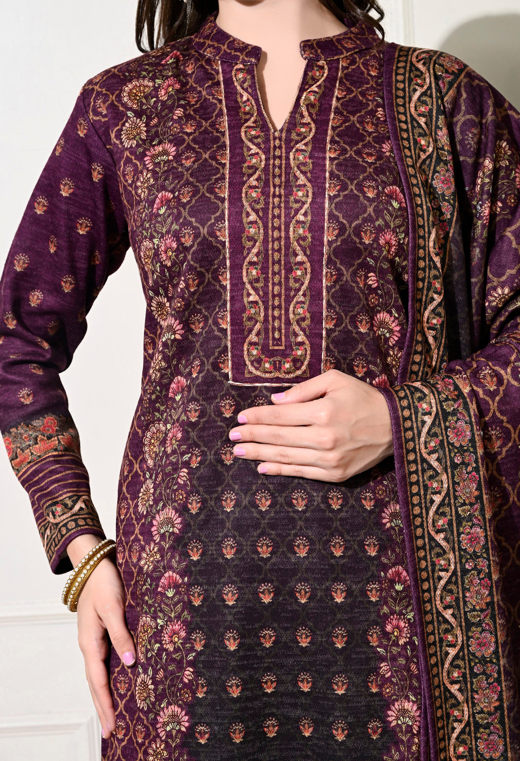 Mauve Digital Print Woolen Suit with Zari Work Detailing - Set of 3