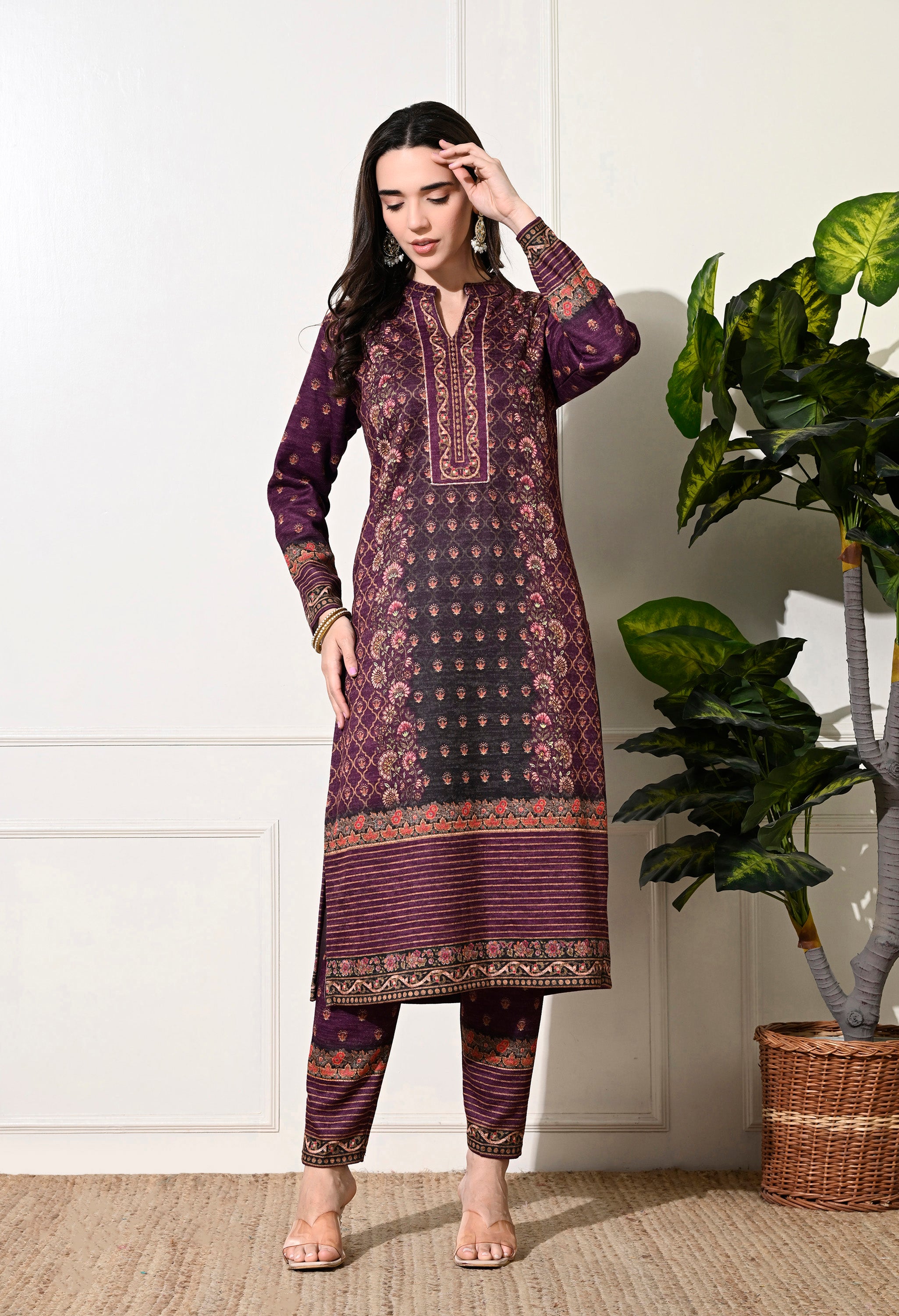 Mauve Digital Print Woolen Suit with Zari Work Detailing - Set of 3