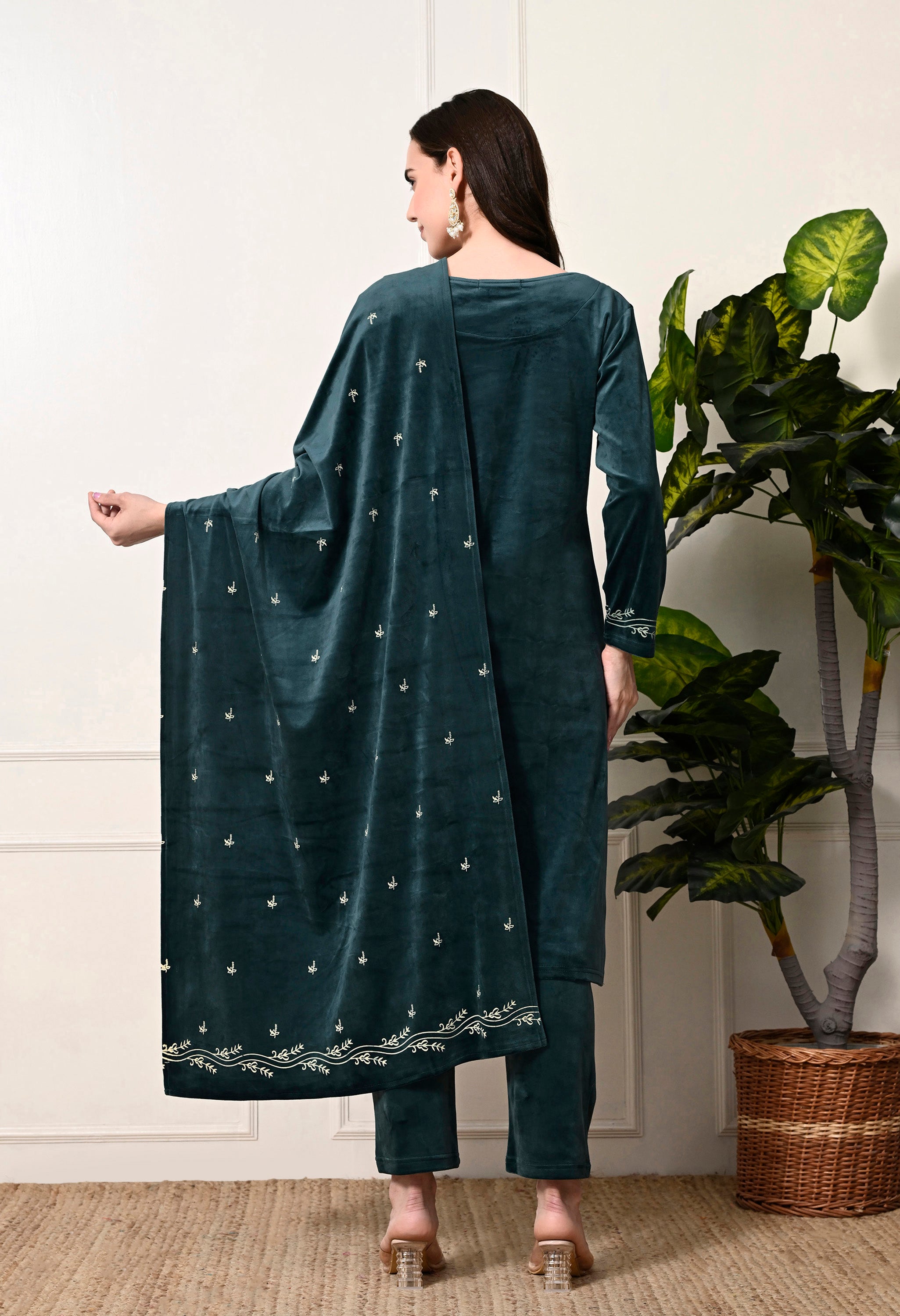 Bottle Green Velvet 3-Piece Suit with Foil Work  (Kurta, Bottom and Shawl)