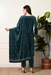 Bottle Green Velvet 3-Piece Suit with Foil Work  (Kurta, Bottom and Shawl)