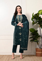 Bottle Green Velvet 3-Piece Suit with Foil Work  (Kurta, Bottom and Shawl)
