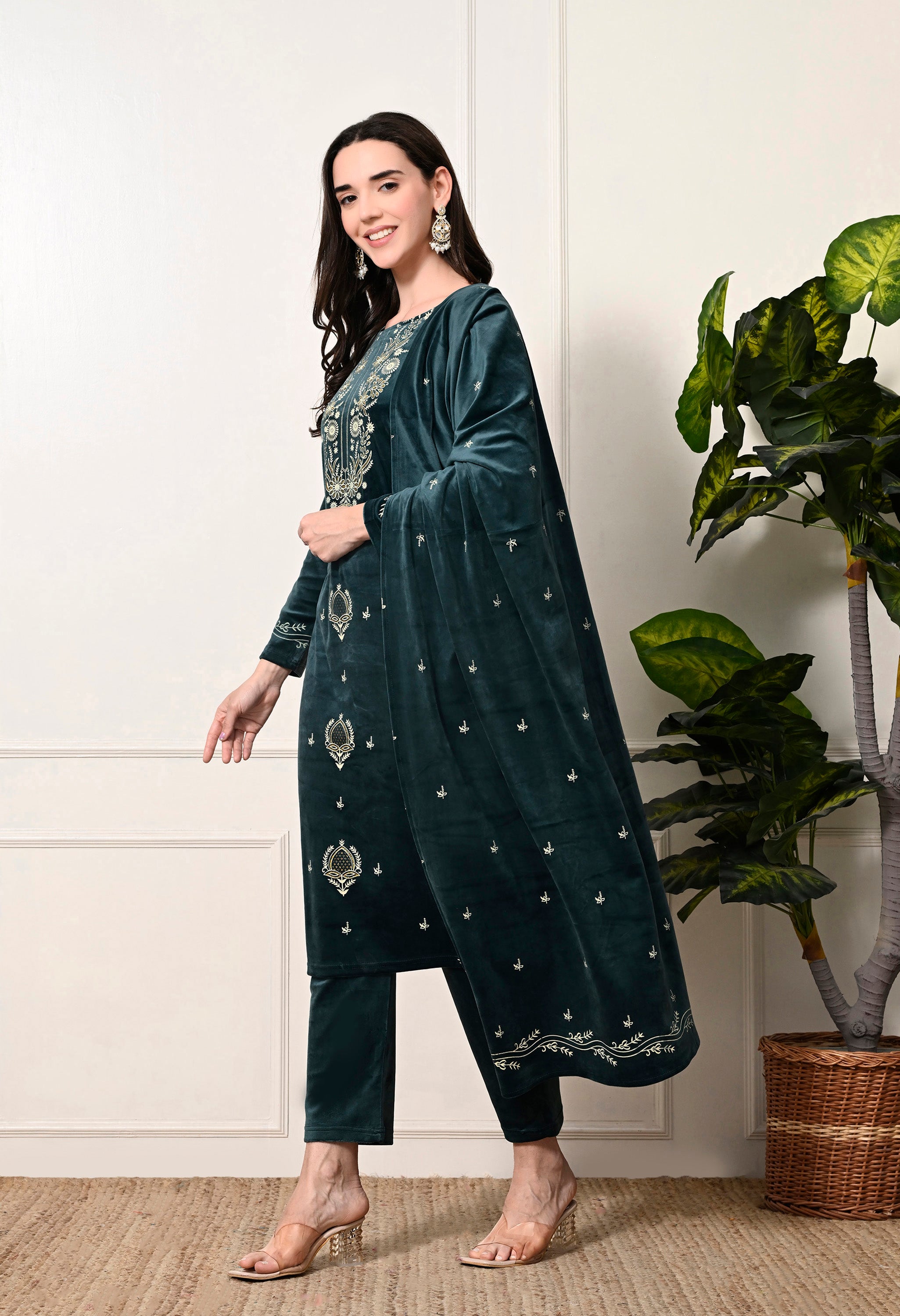 Bottle Green Velvet 3-Piece Suit with Foil Work  (Kurta, Bottom and Shawl)