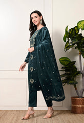 Bottle Green Velvet 3-Piece Suit with Foil Work  (Kurta, Bottom and Shawl)