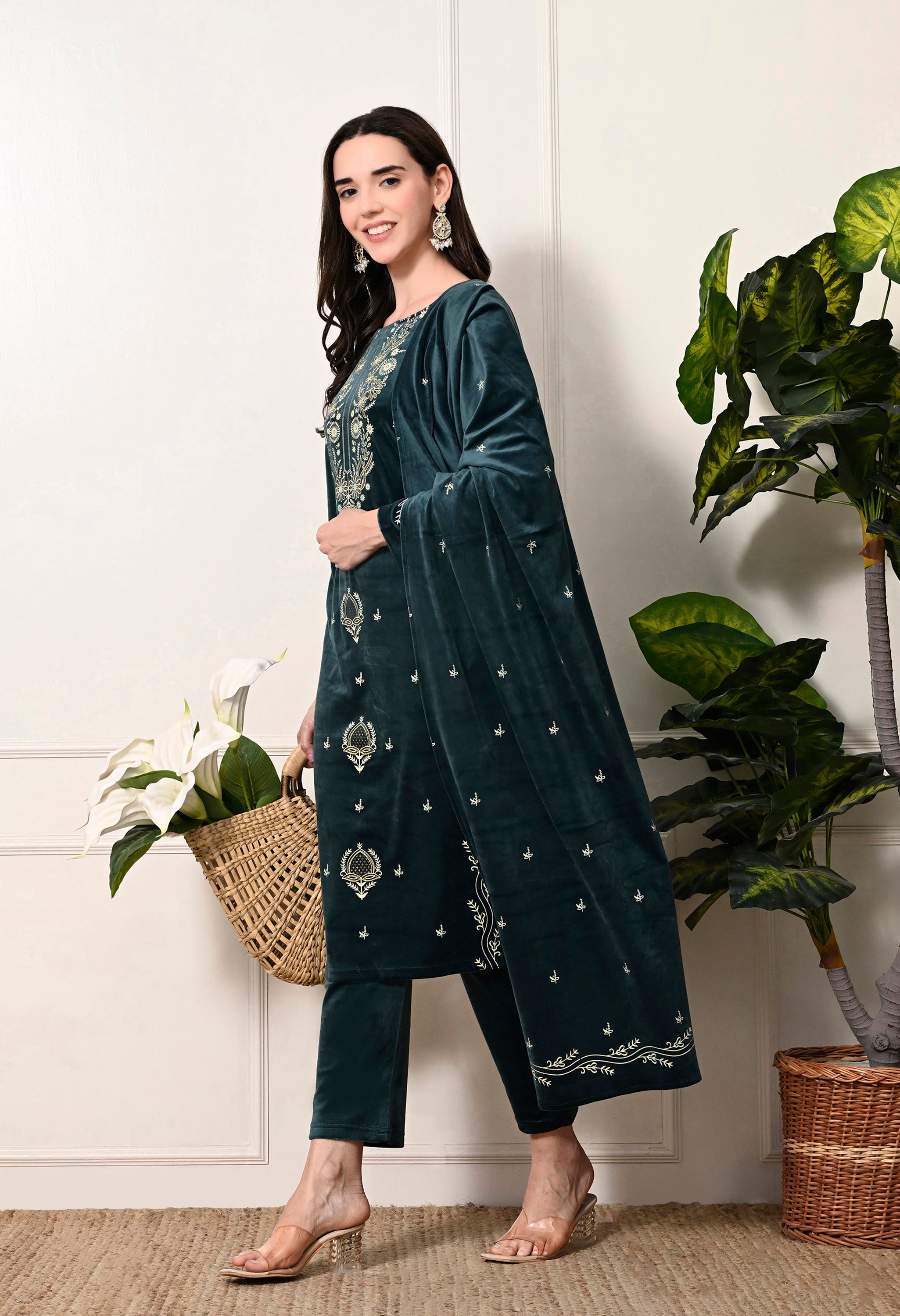 Bottle Green Velvet 3-Piece Suit with Foil Work  (Kurta, Bottom and Shawl)