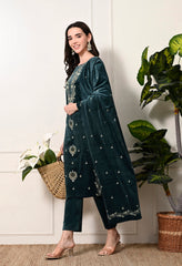 Bottle Green Velvet 3-Piece Suit with Foil Work  (Kurta, Bottom and Shawl)