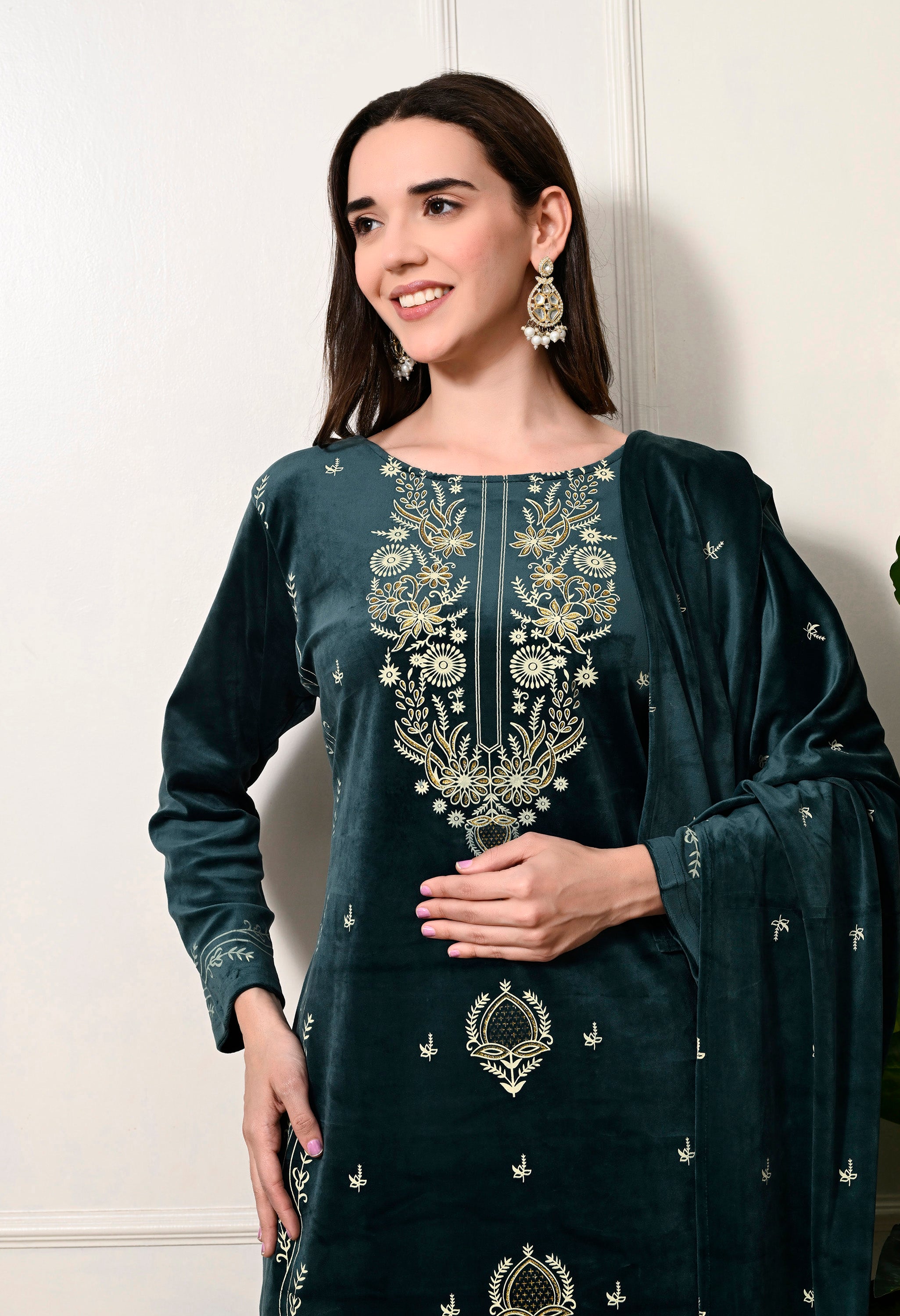 Bottle Green Velvet 3-Piece Suit with Foil Work  (Kurta, Bottom and Shawl)
