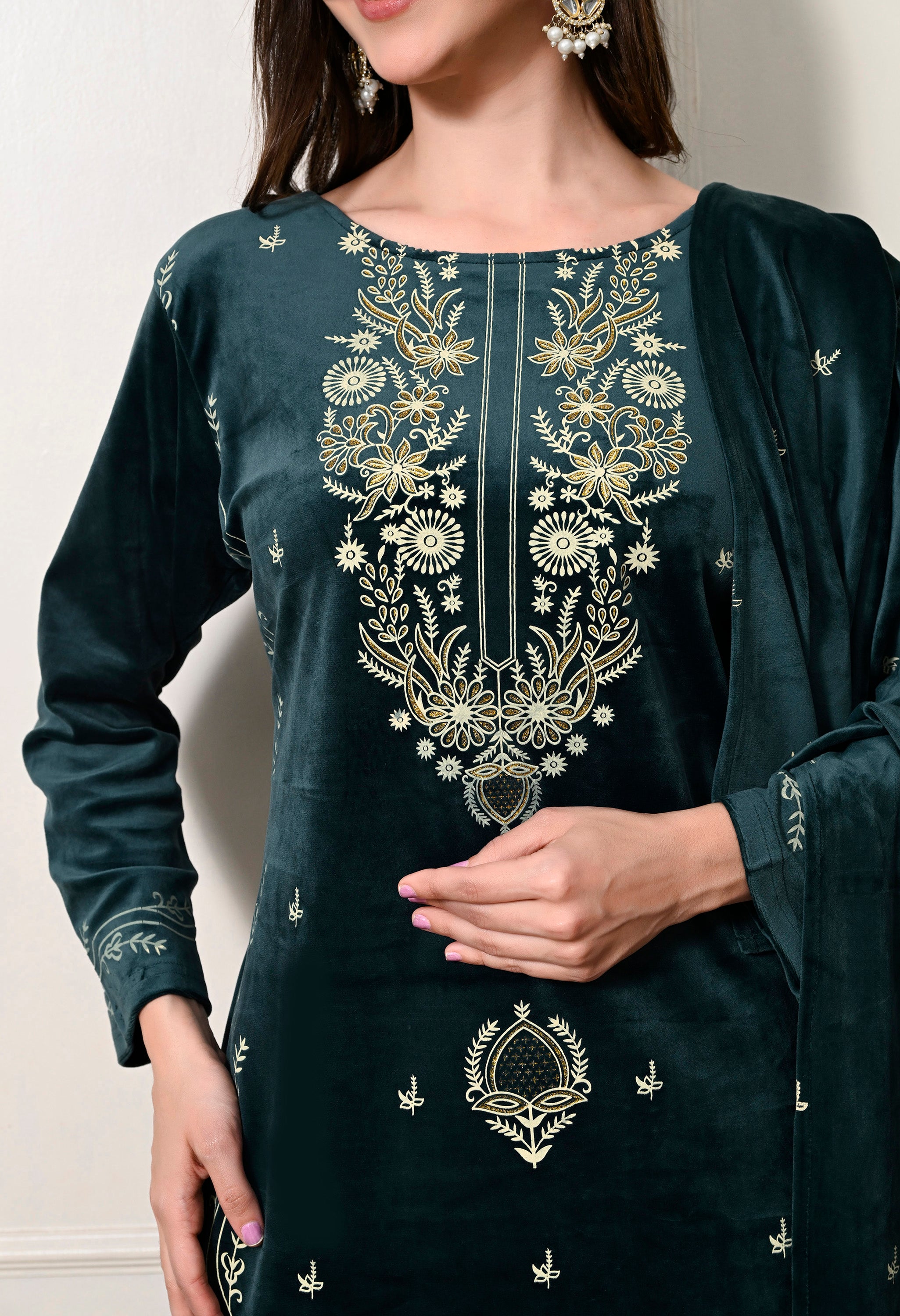 Bottle Green Velvet 3-Piece Suit with Foil Work  (Kurta, Bottom and Shawl)
