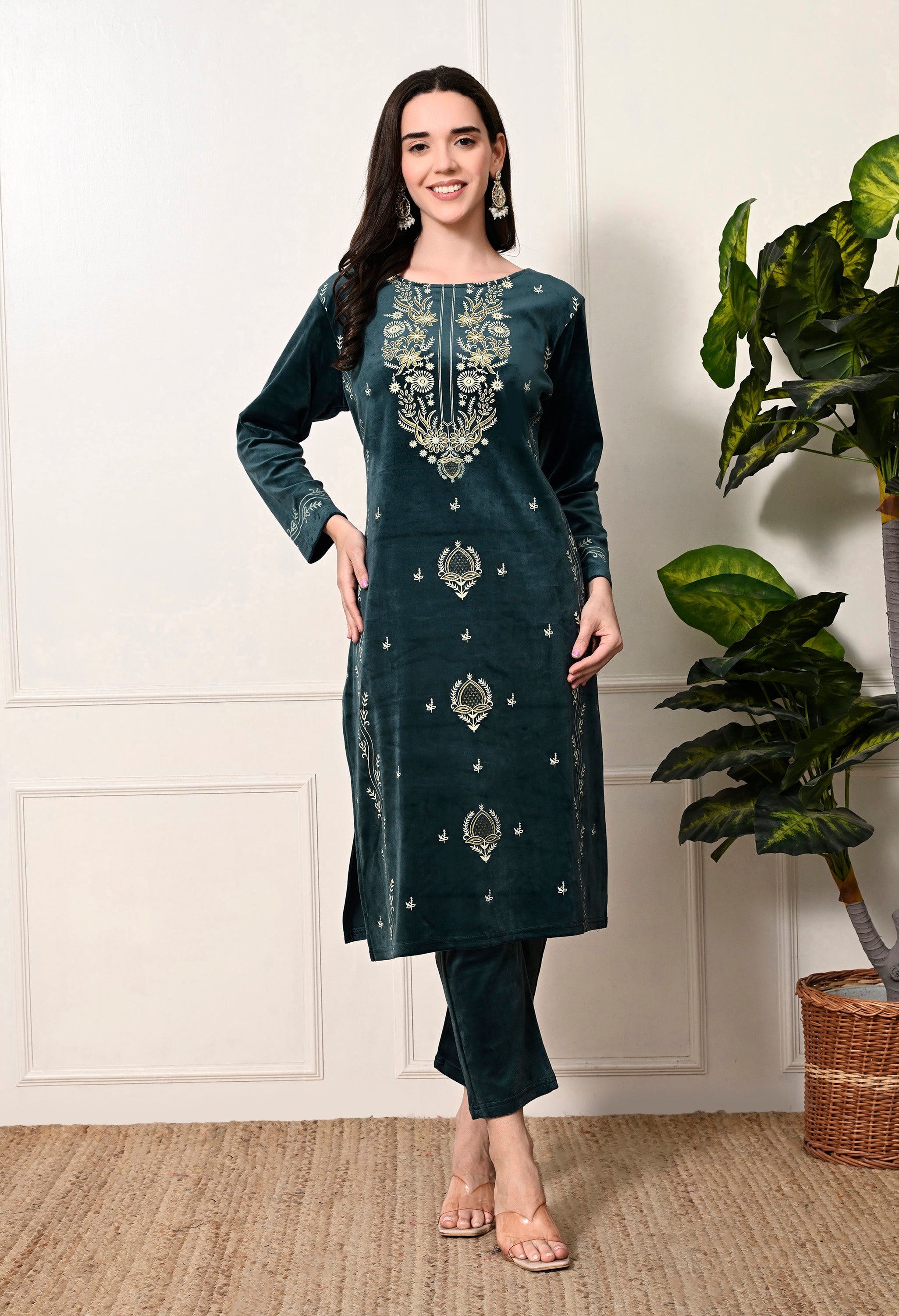 Bottle Green Velvet 3-Piece Suit with Foil Work  (Kurta, Bottom and Shawl)